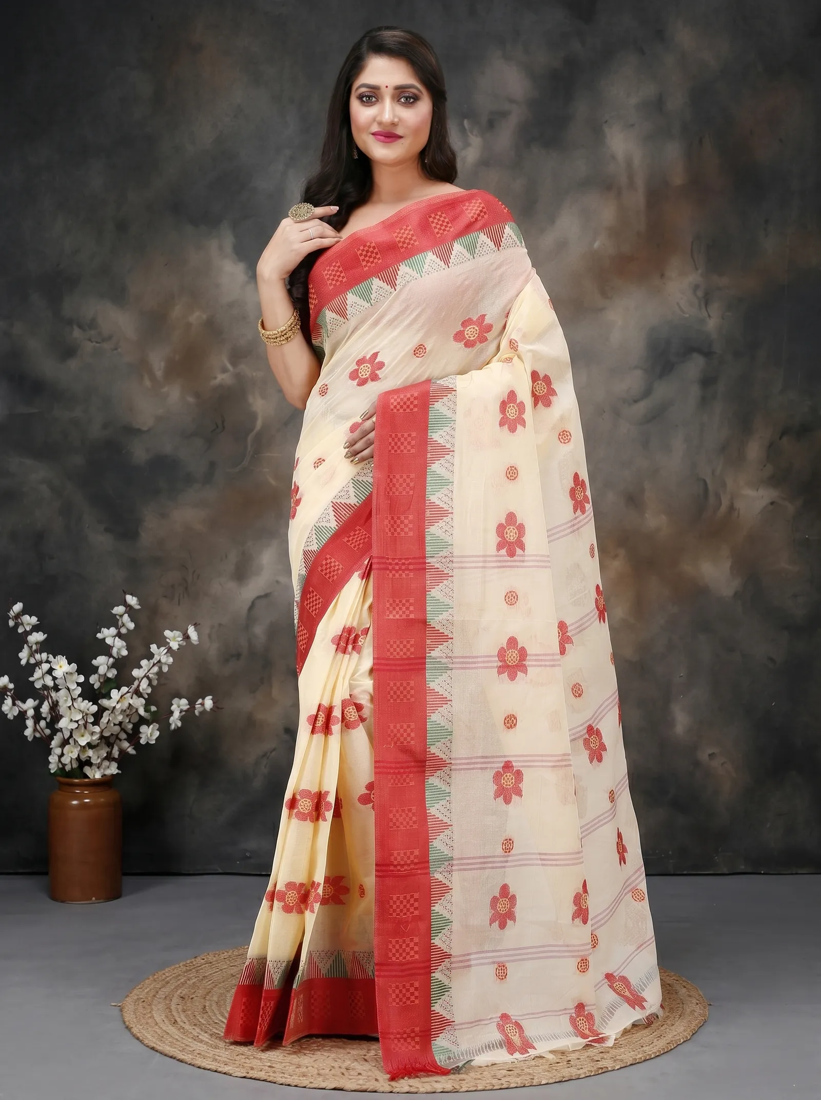 DipDiya Pure Cotton  Traditional Bengali Red Artisan Crafted Palasful Tant Saree