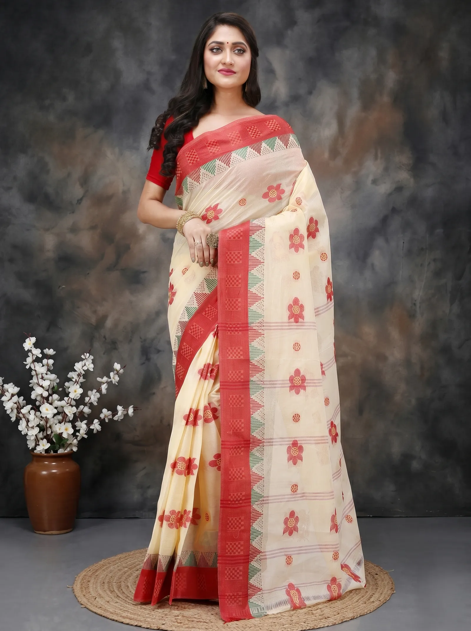 DipDiya Pure Cotton  Traditional Bengali Red Artisan Crafted Palasful Tant Saree