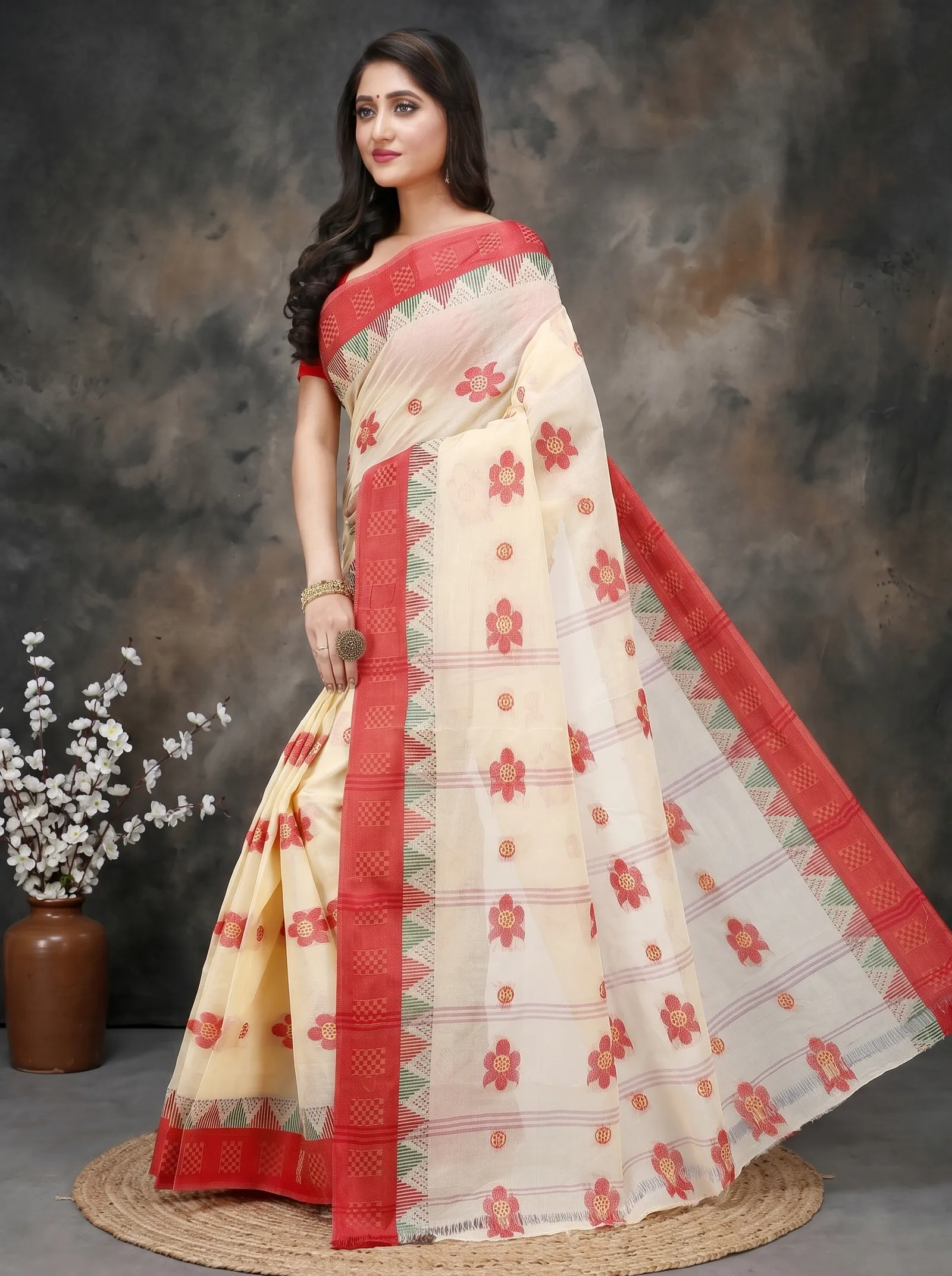 DipDiya Pure Cotton  Traditional Bengali Red Artisan Crafted Palasful Tant Saree