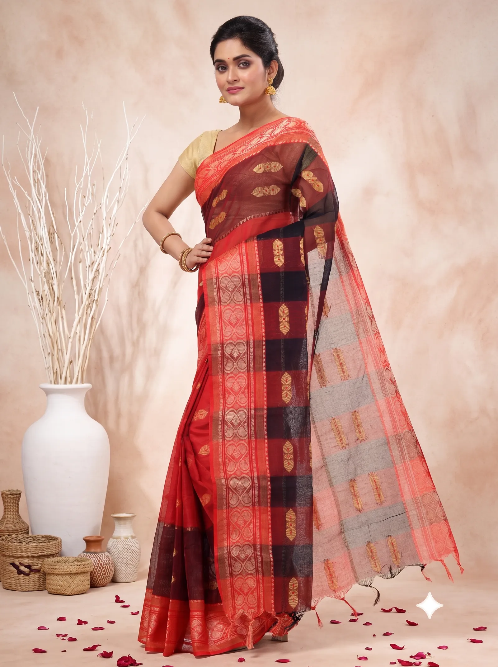 DipDiya Pure Cotton  Traditional Bengali Red Artisan Crafted Raj Nandi Tant Saree