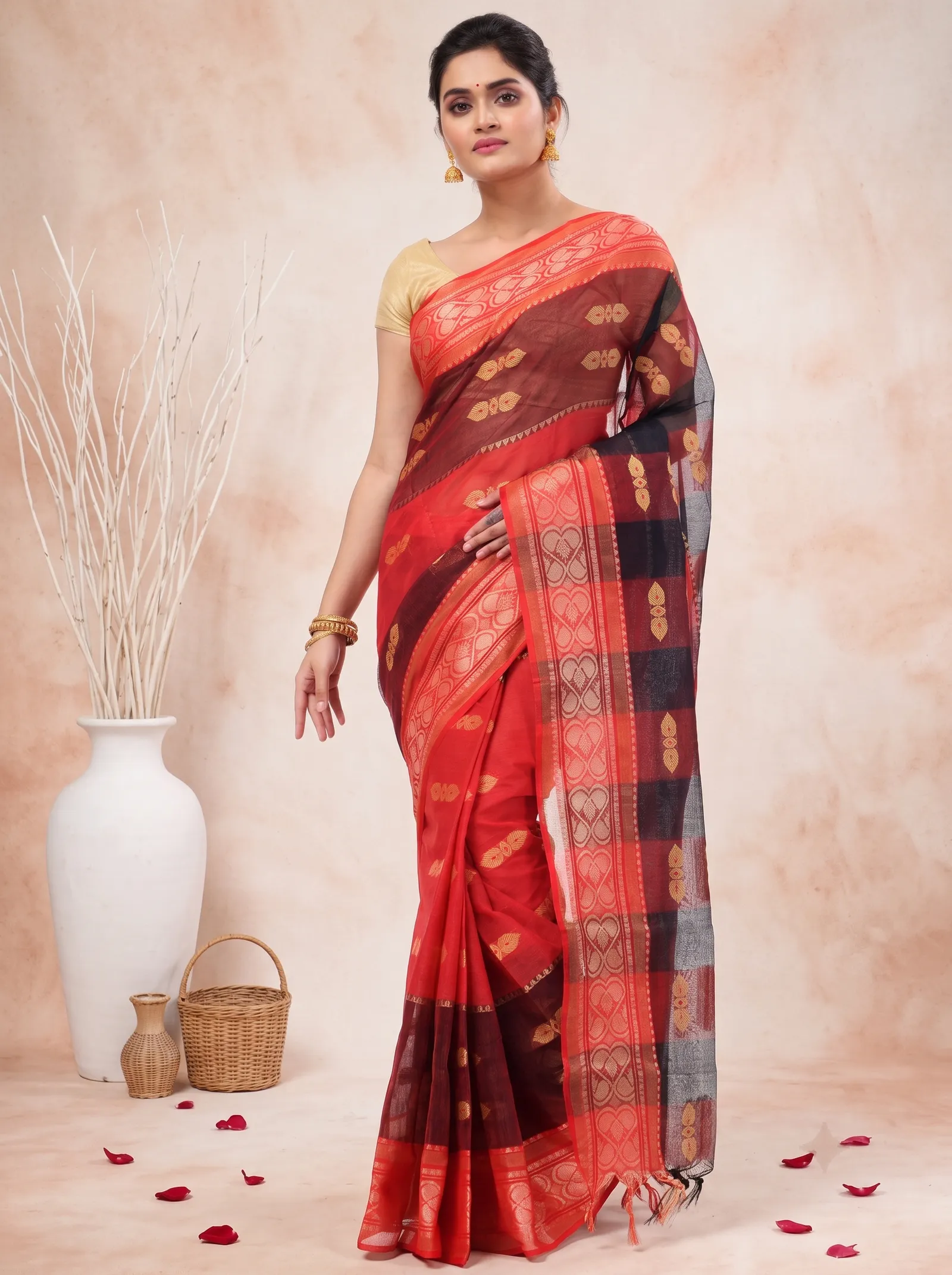 DipDiya Pure Cotton  Traditional Bengali Red Artisan Crafted Raj Nandi Tant Saree