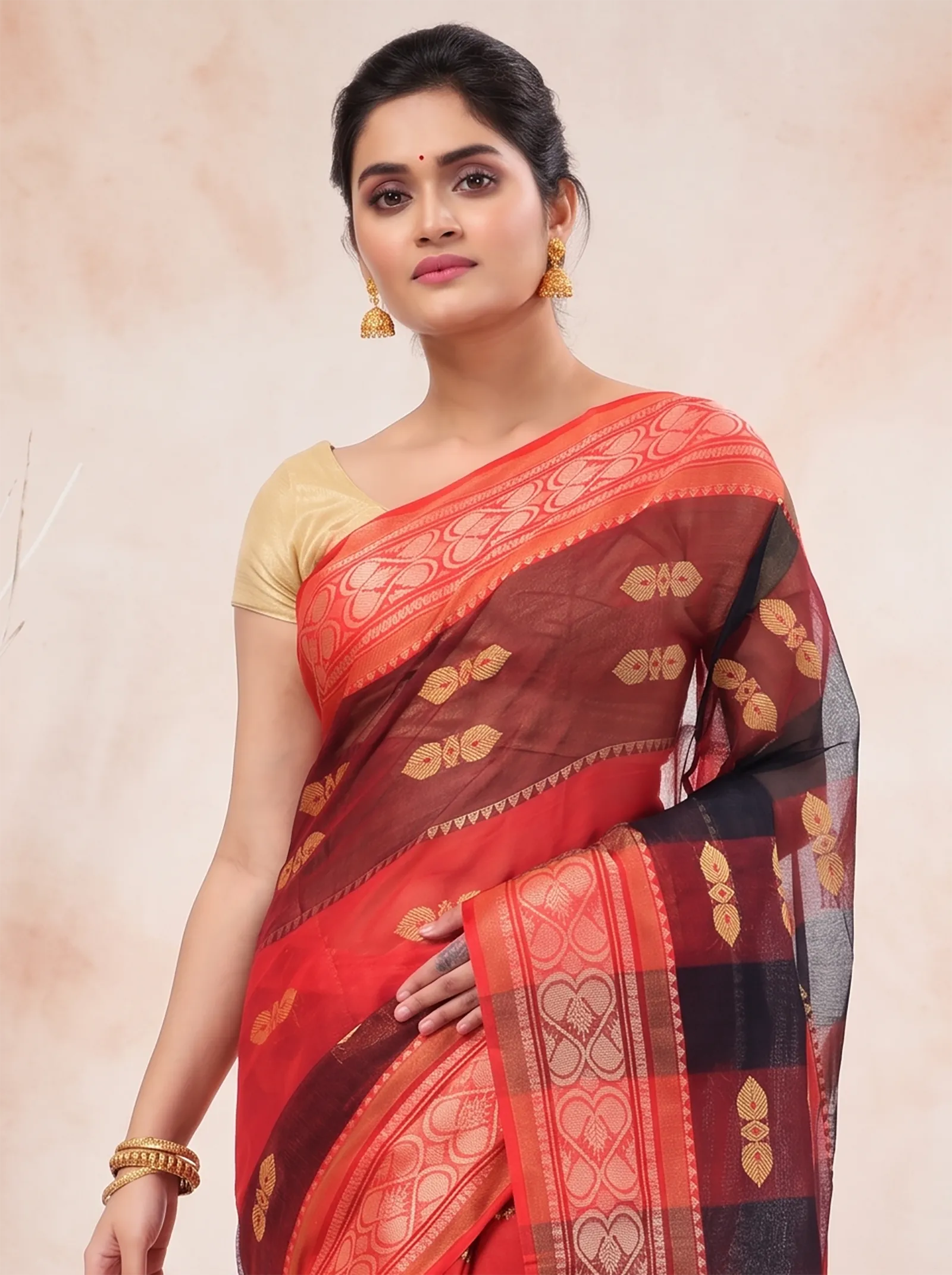 DipDiya Pure Cotton  Traditional Bengali Red Artisan Crafted Raj Nandi Tant Saree