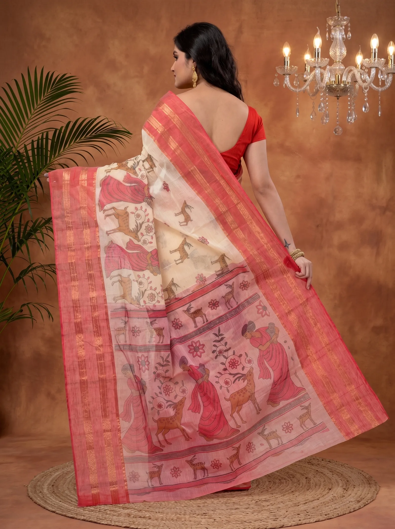 DipDiya Pure Cotton  Traditional Bengali Red Artisan Crafted Sakuntala Printed Tant Saree