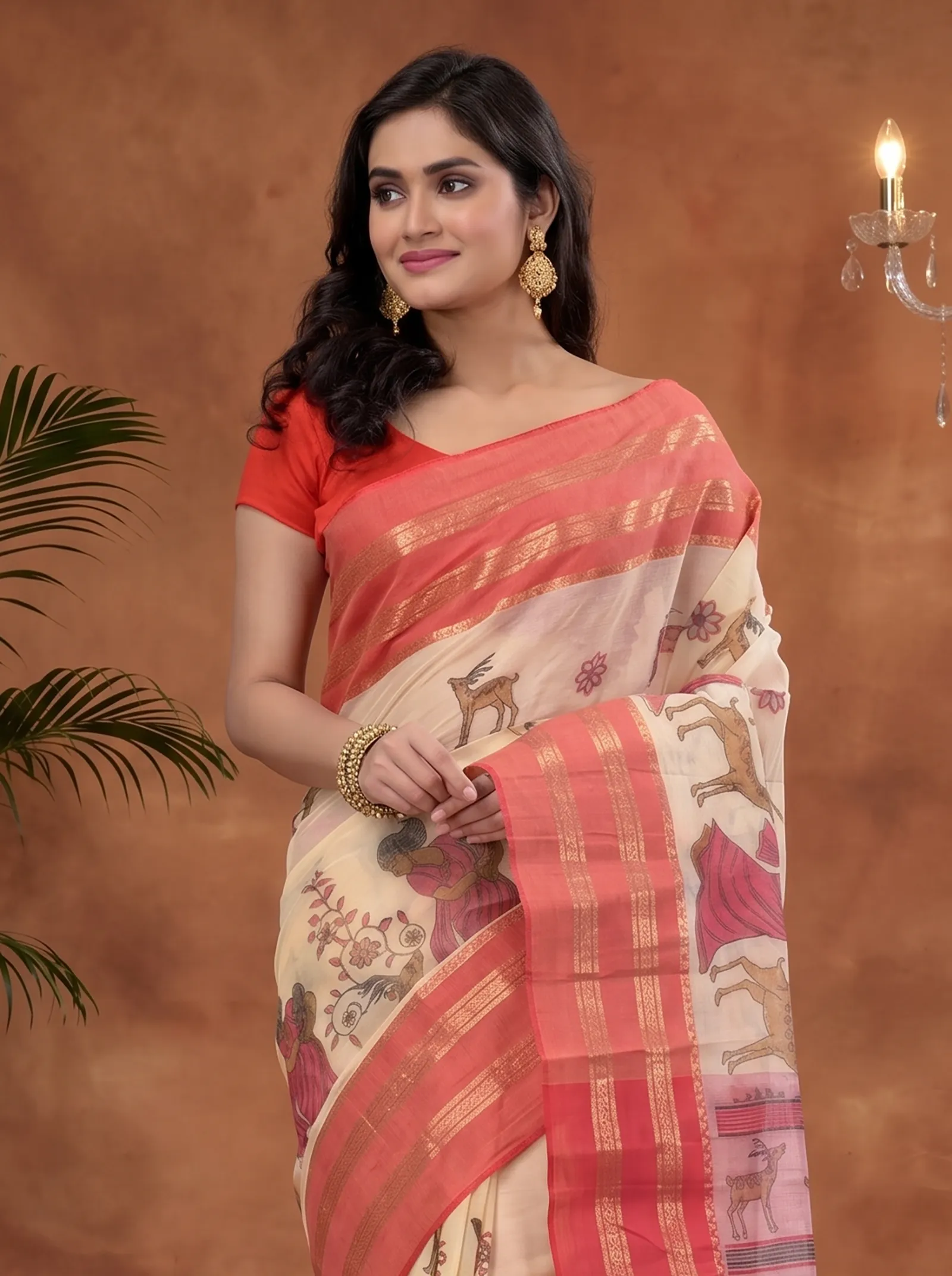 DipDiya Pure Cotton  Traditional Bengali Red Artisan Crafted Sakuntala Printed Tant Saree