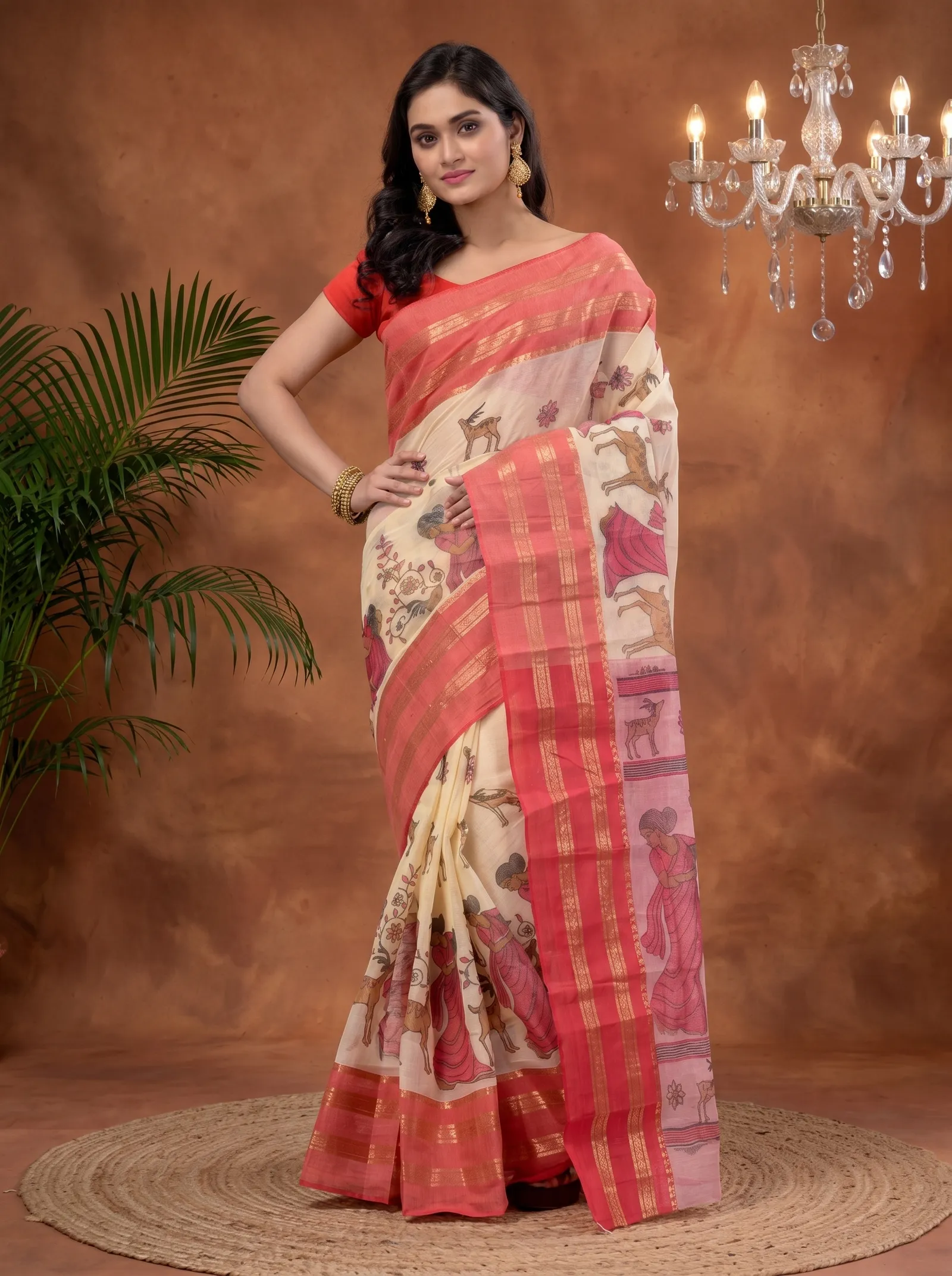 DipDiya Pure Cotton  Traditional Bengali Red Artisan Crafted Sakuntala Printed Tant Saree