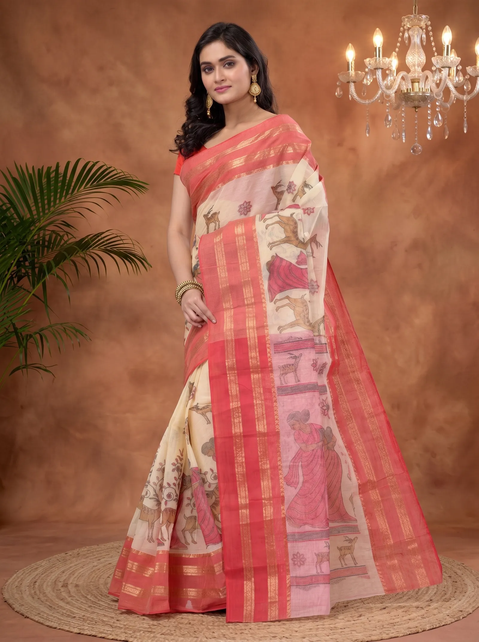 DipDiya Pure Cotton  Traditional Bengali Red Artisan Crafted Sakuntala Printed Tant Saree