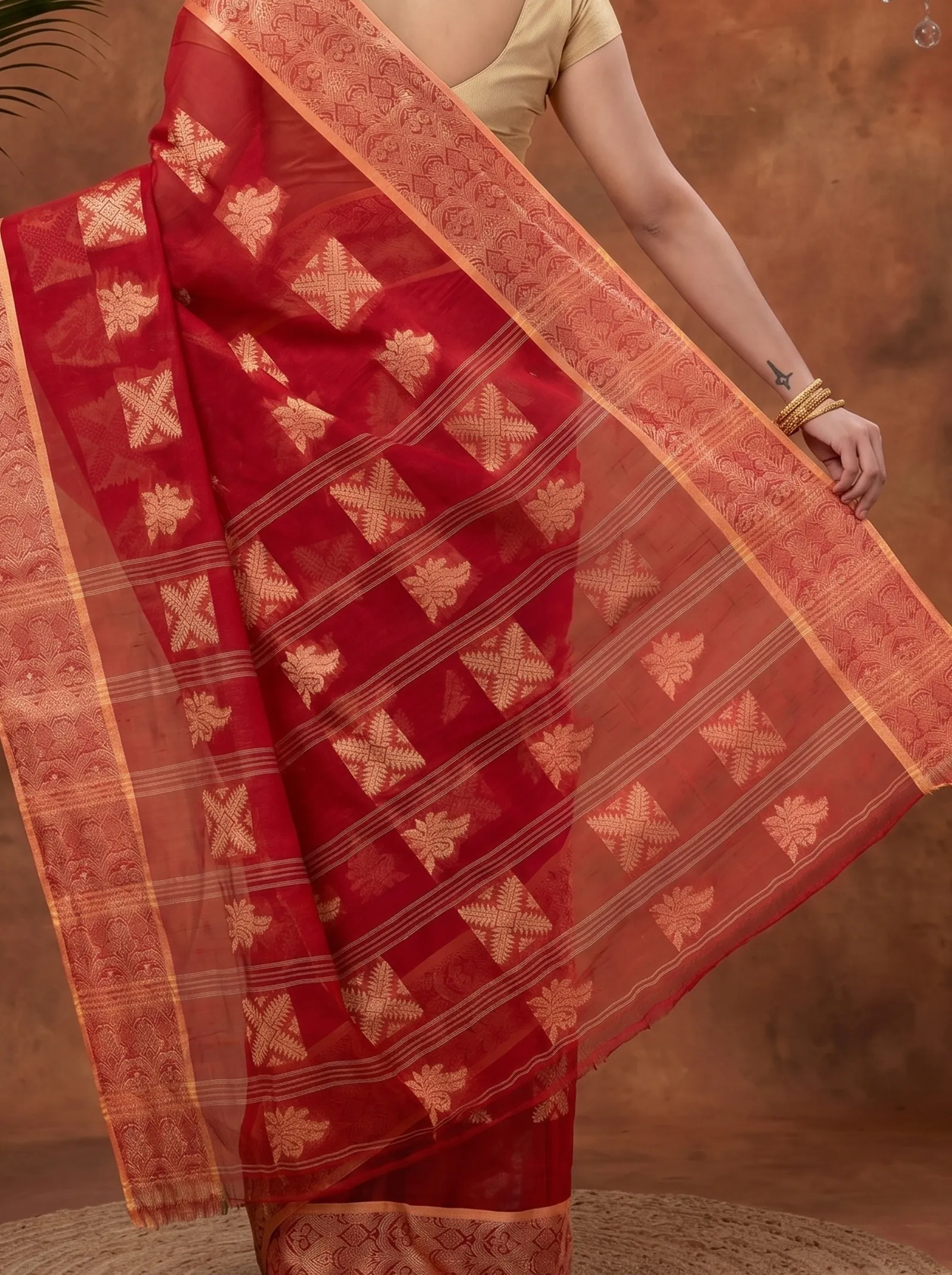 DipDiya Pure Cotton  Traditional Bengali Red Artisan Crafted Suparna Buti Tant Saree