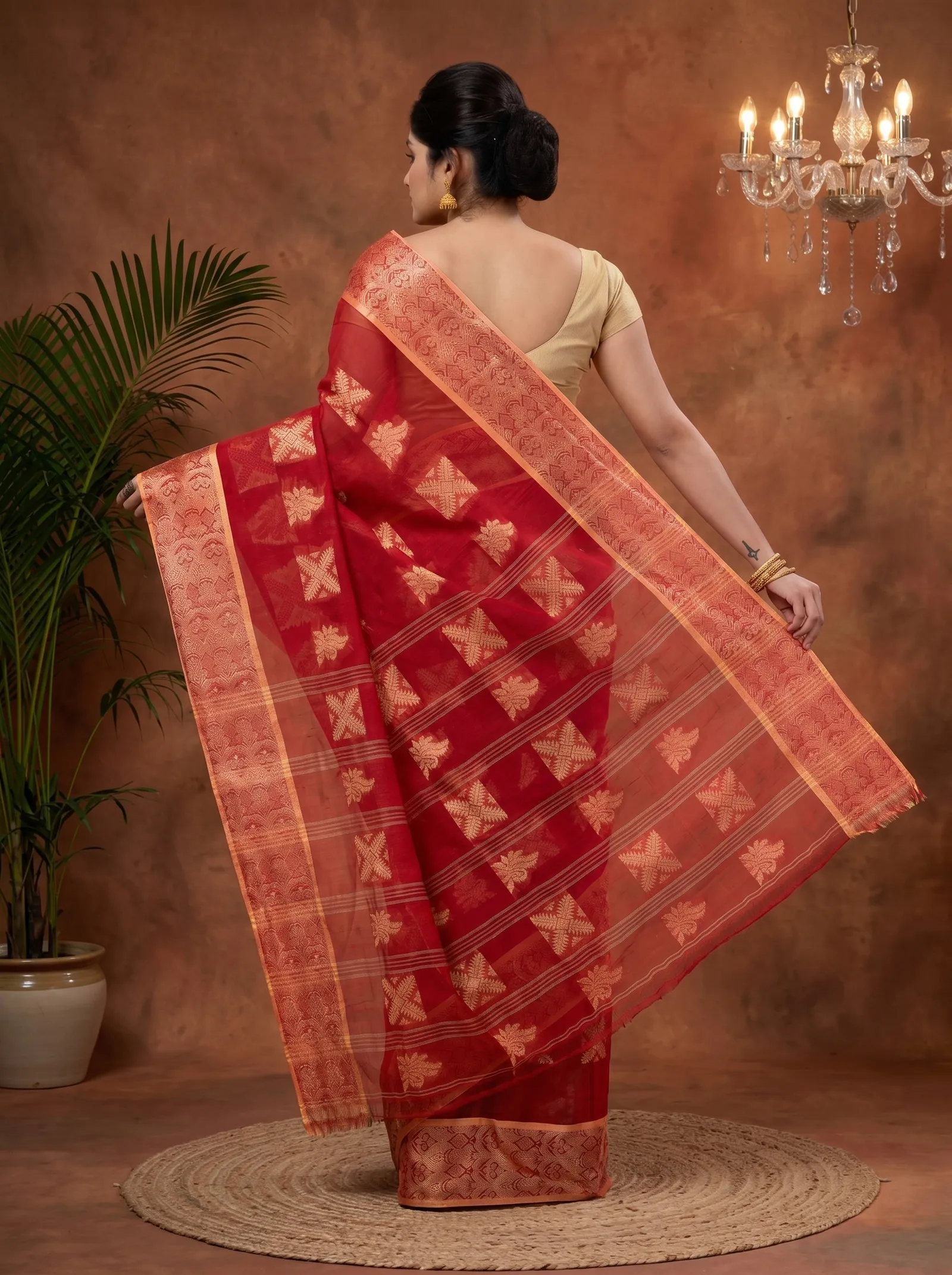 DipDiya Pure Cotton  Traditional Bengali Red Artisan Crafted Suparna Buti Tant Saree