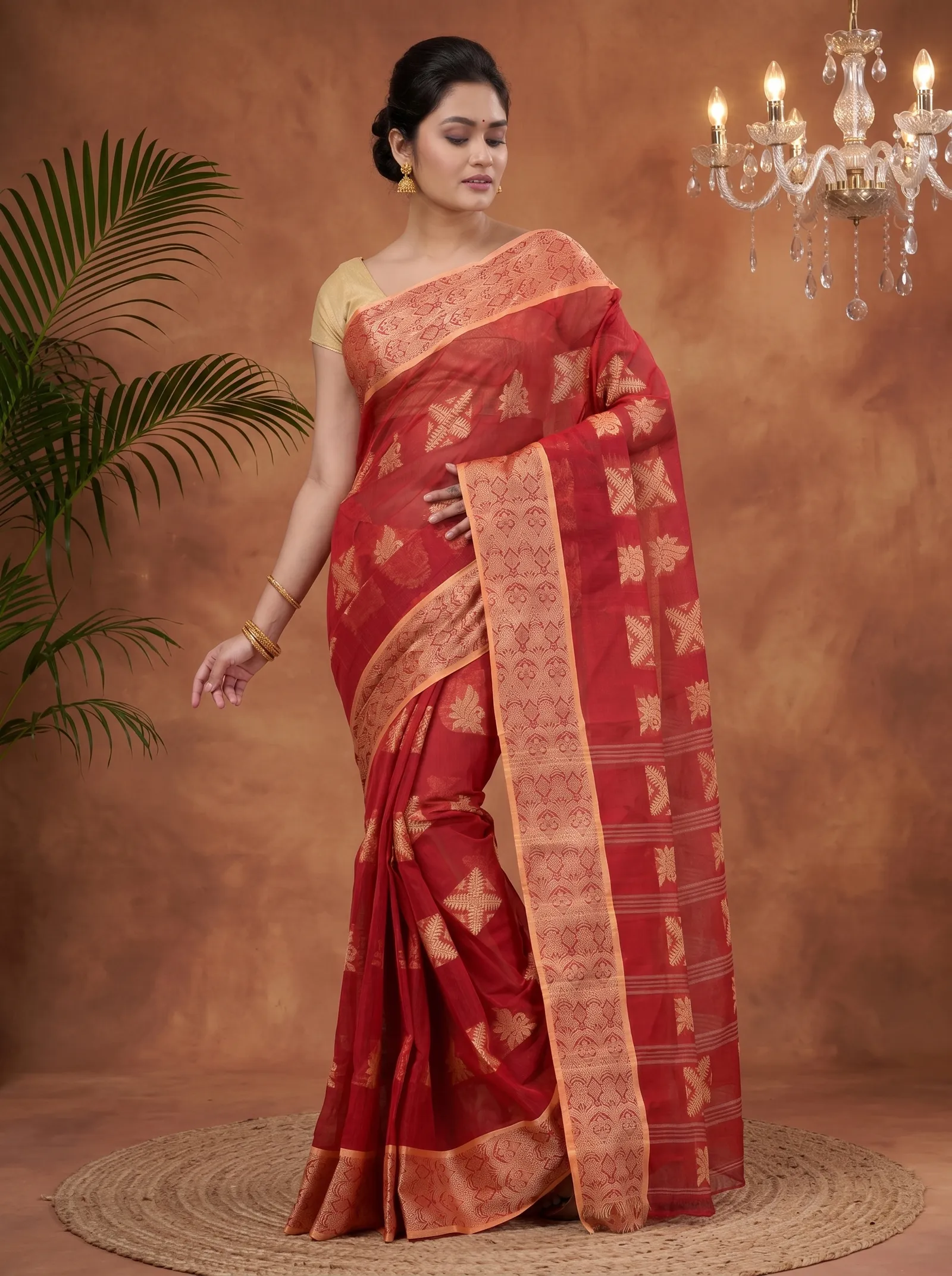 DipDiya Pure Cotton  Traditional Bengali Red Artisan Crafted Suparna Buti Tant Saree