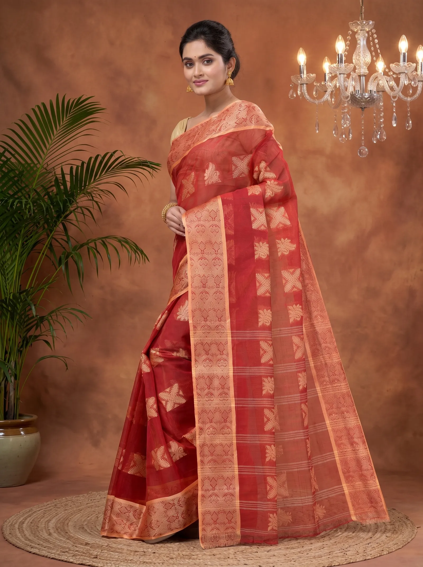 DipDiya Pure Cotton  Traditional Bengali Red Artisan Crafted Suparna Buti Tant Saree