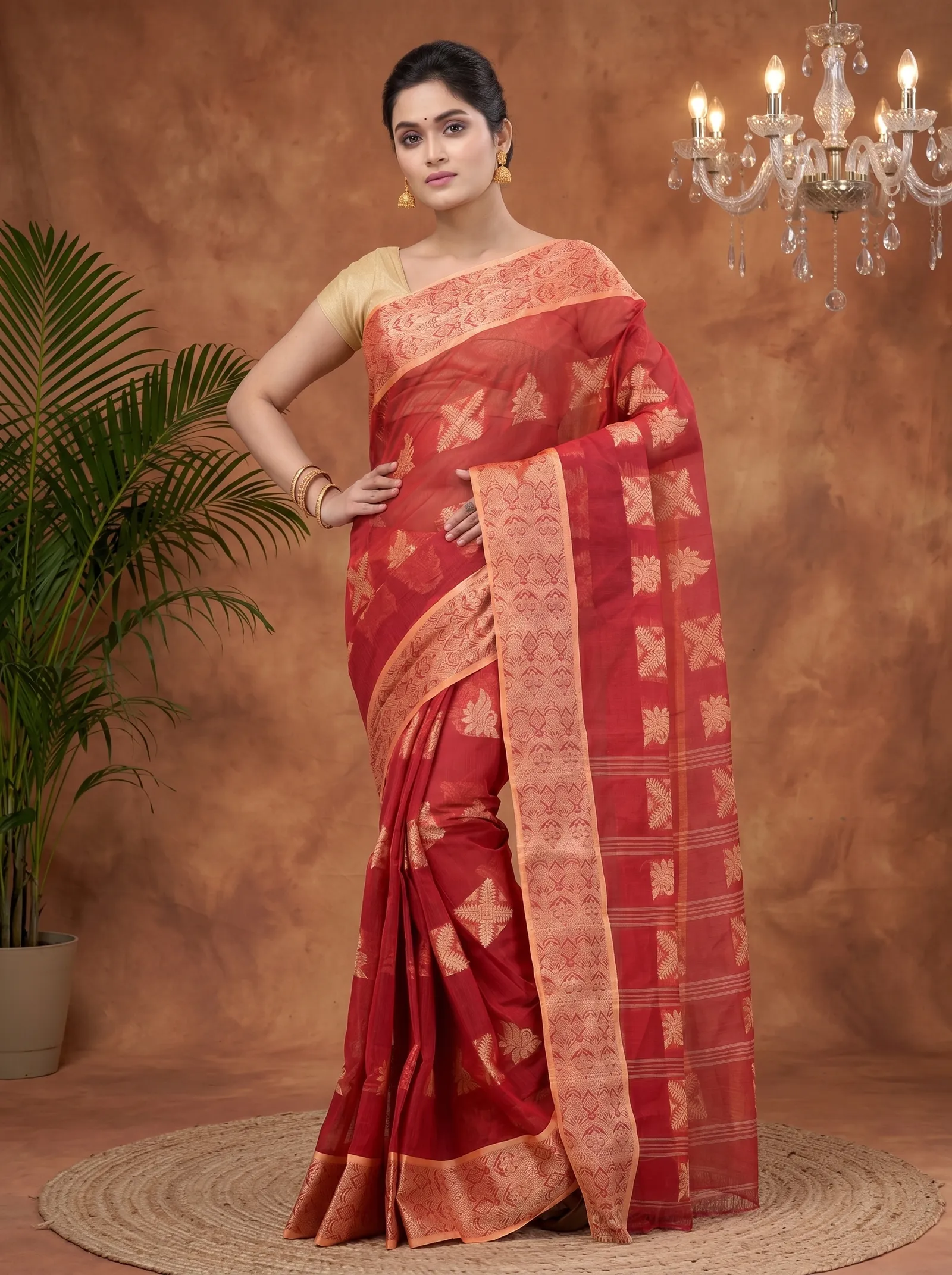 DipDiya Pure Cotton  Traditional Bengali Red Artisan Crafted Suparna Buti Tant Saree
