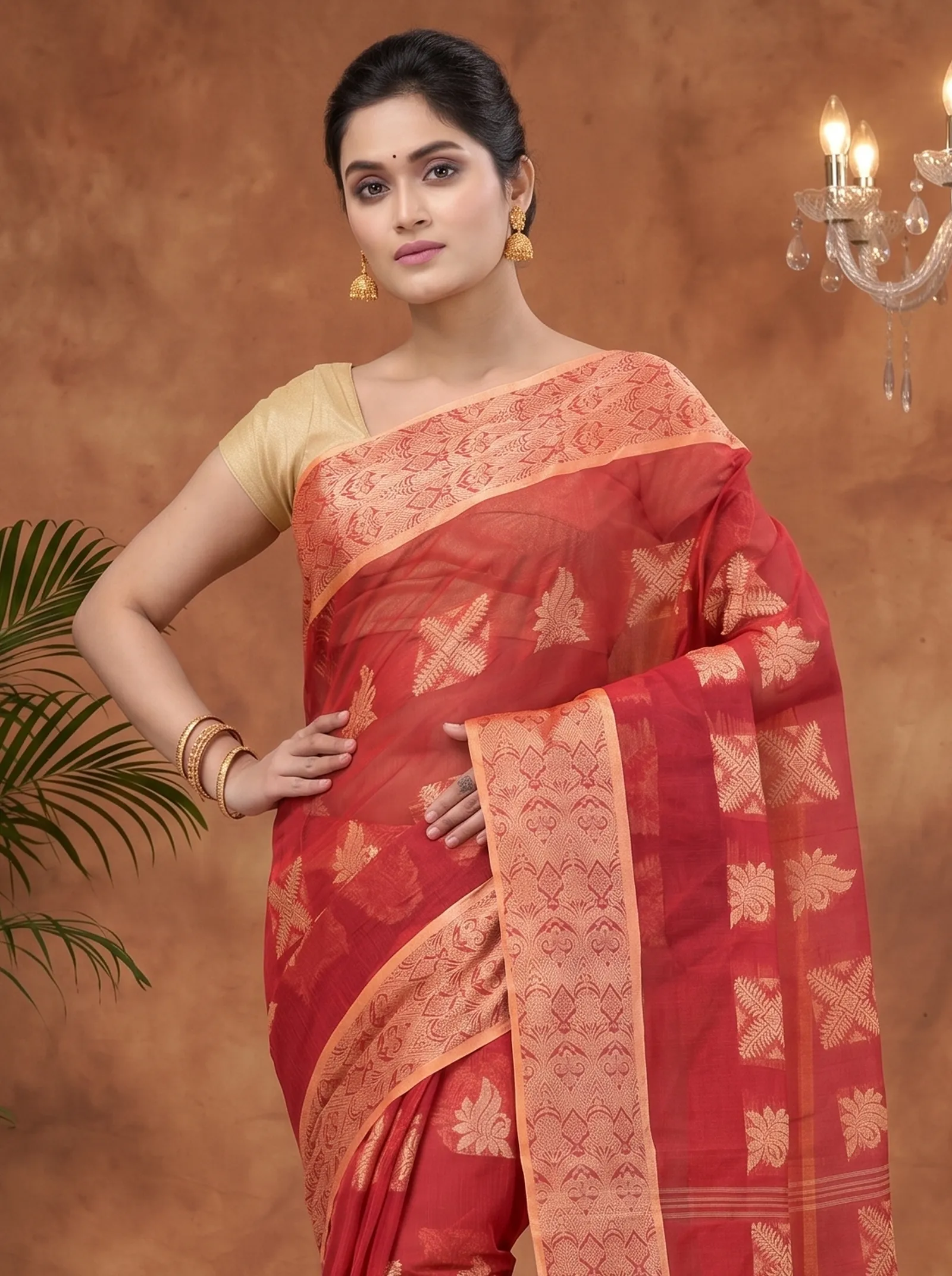 DipDiya Pure Cotton  Traditional Bengali Red Artisan Crafted Suparna Buti Tant Saree