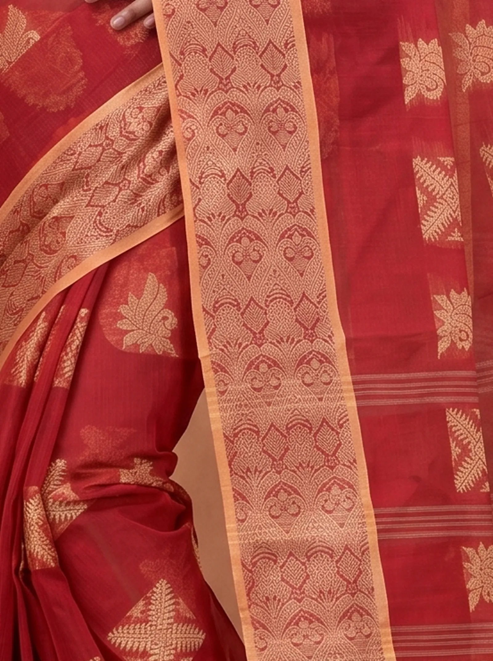 DipDiya Pure Cotton  Traditional Bengali Red Artisan Crafted Suparna Buti Tant Saree