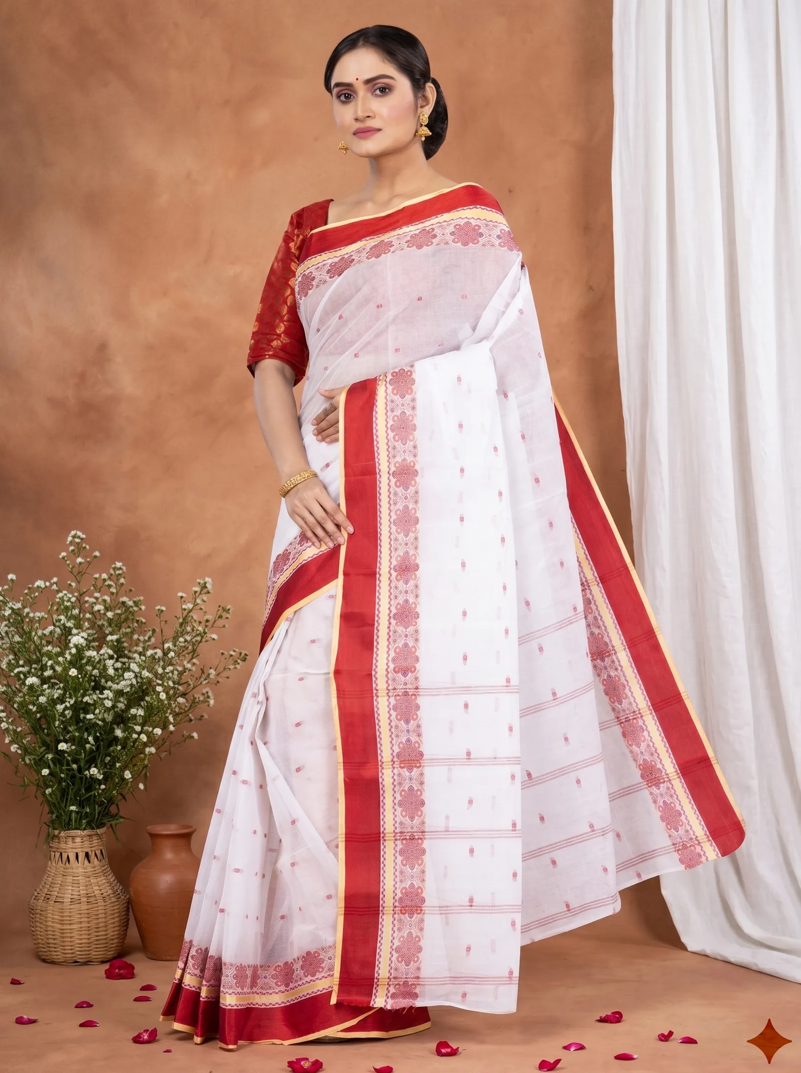 DipDiya Pure Cotton  Traditional Bengali Red Artisan Crafted Velvet Par Tant Saree