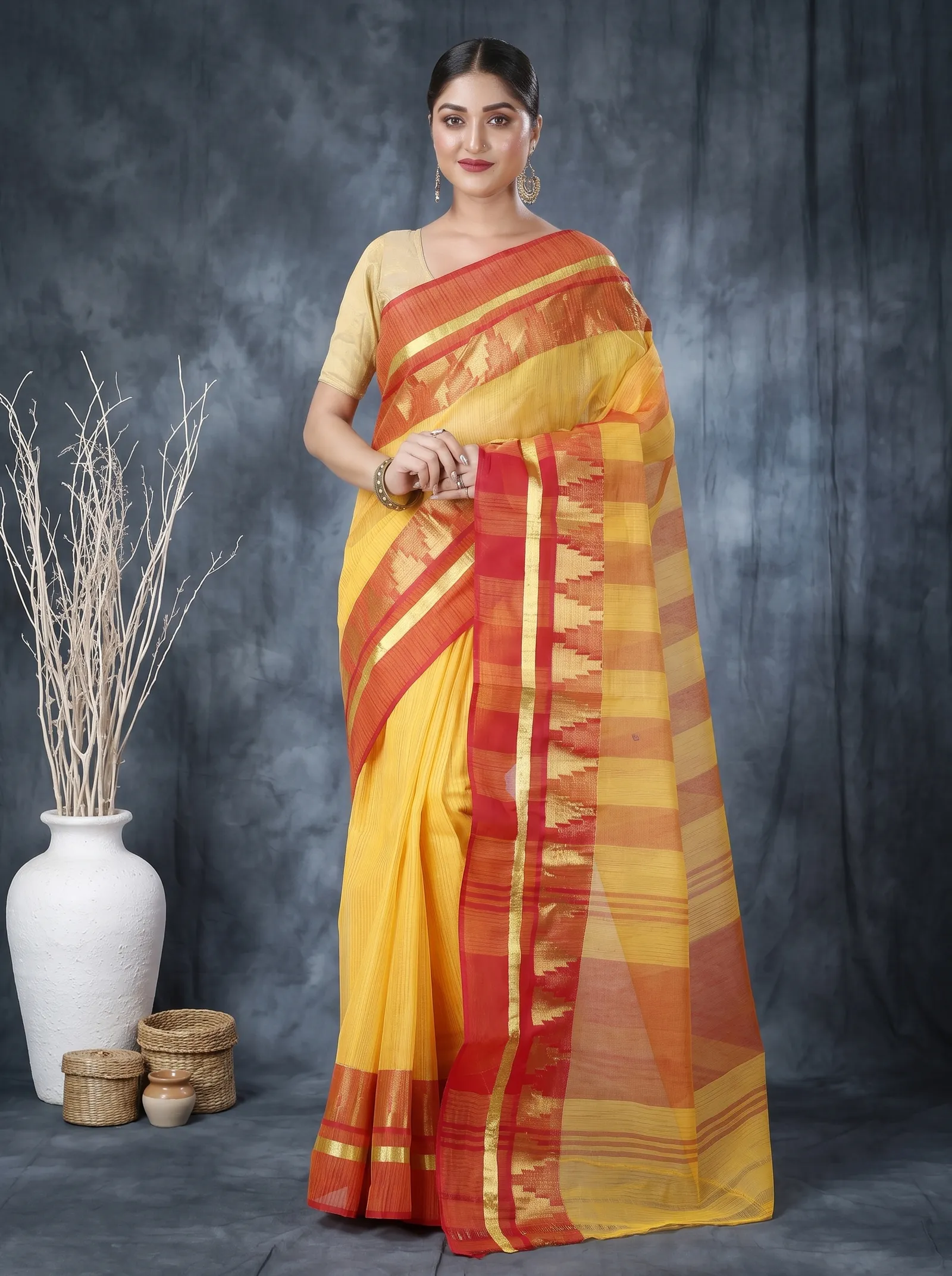 DipDiya Pure Cotton  Traditional Bengali Red Artisan Crafted Vrinda Tant Saree
