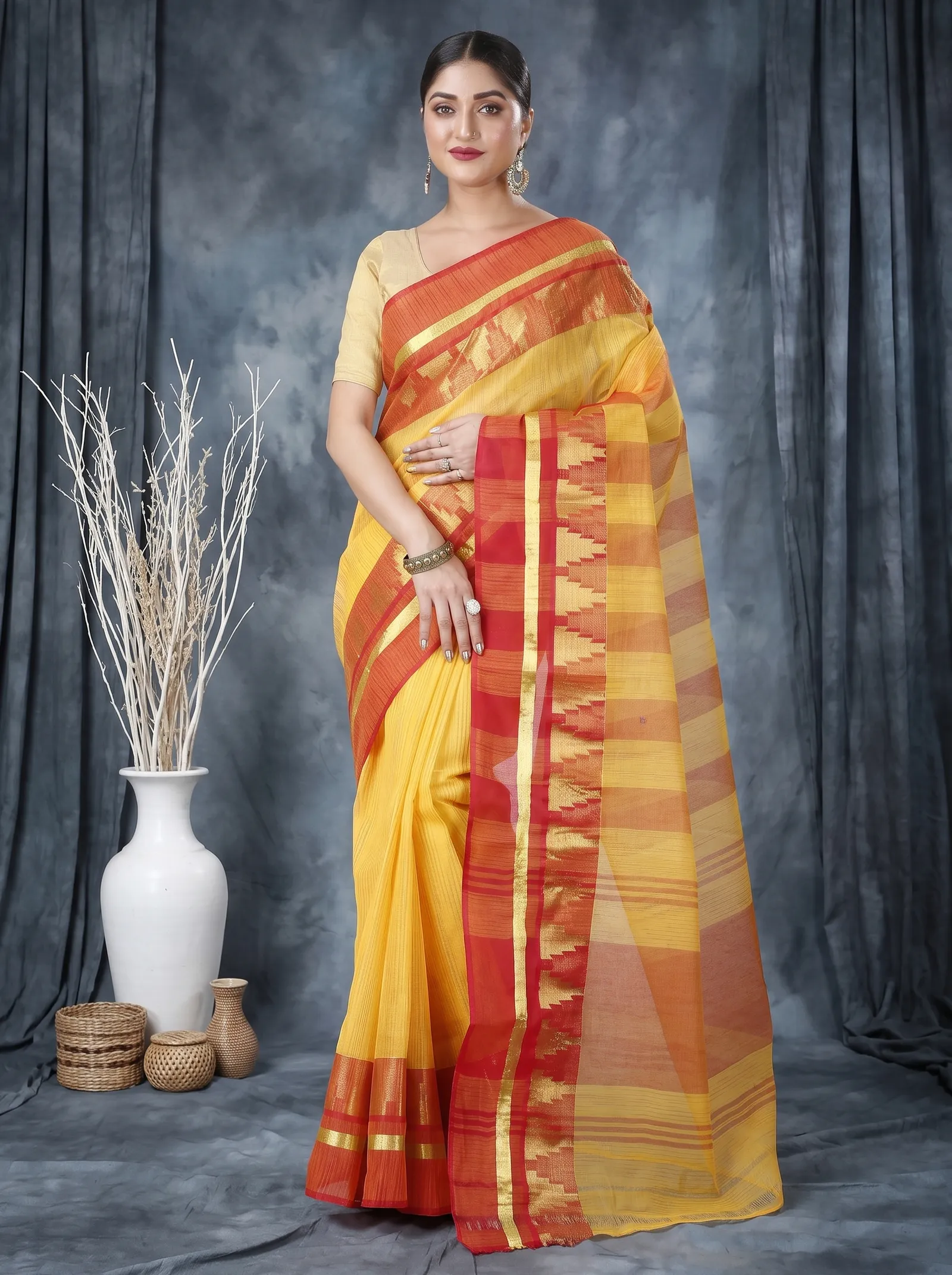 DipDiya Pure Cotton  Traditional Bengali Red Artisan Crafted Vrinda Tant Saree