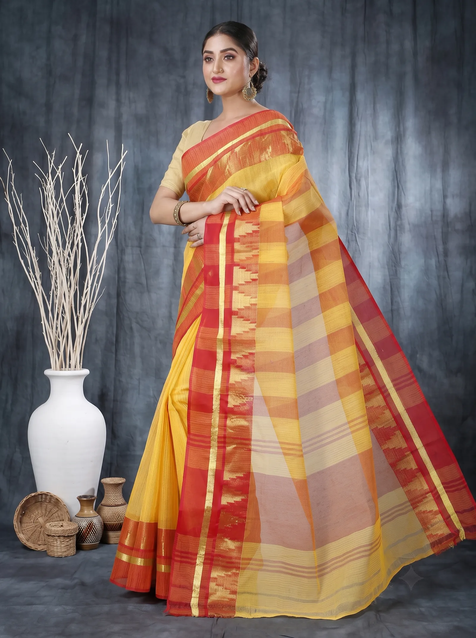 DipDiya Pure Cotton  Traditional Bengali Red Artisan Crafted Vrinda Tant Saree