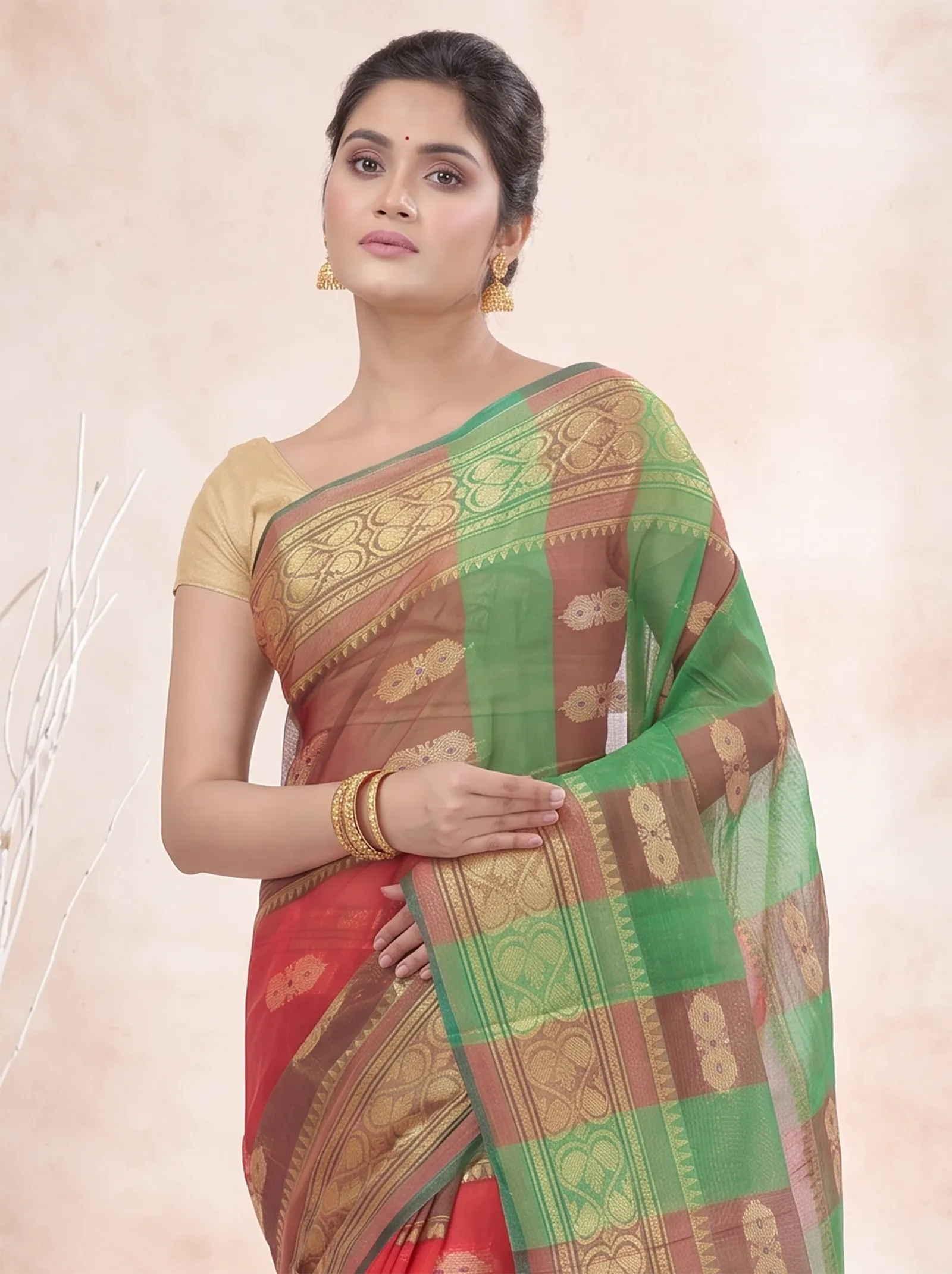 DipDiya Pure Cotton  Traditional Bengali Red Green Artisan Crafted Raj Nandi Tant Saree