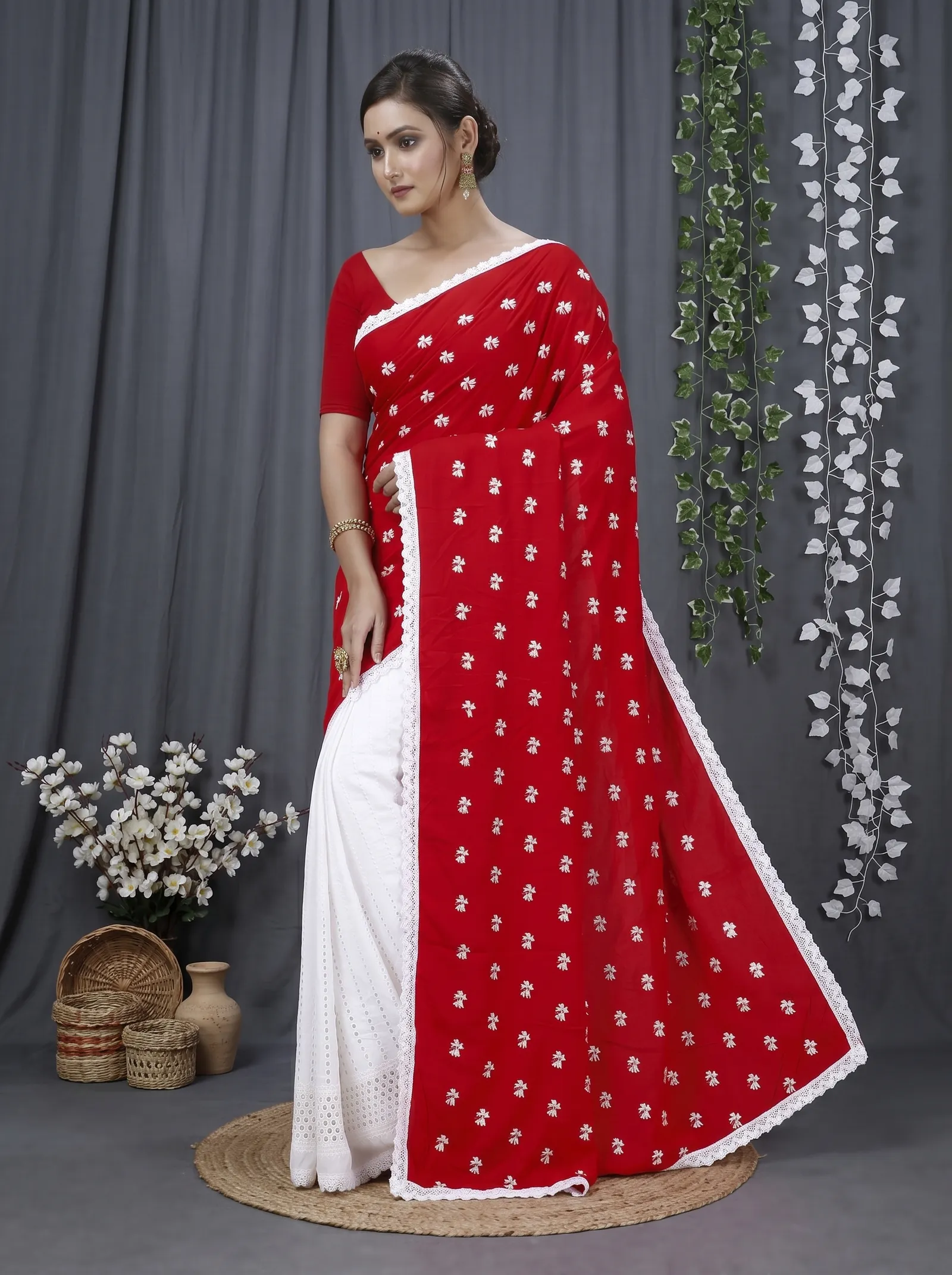 DipDiya Pure Cotton  Traditional Bengali Red White Artisan Crafted LalPori Handloom Saree
