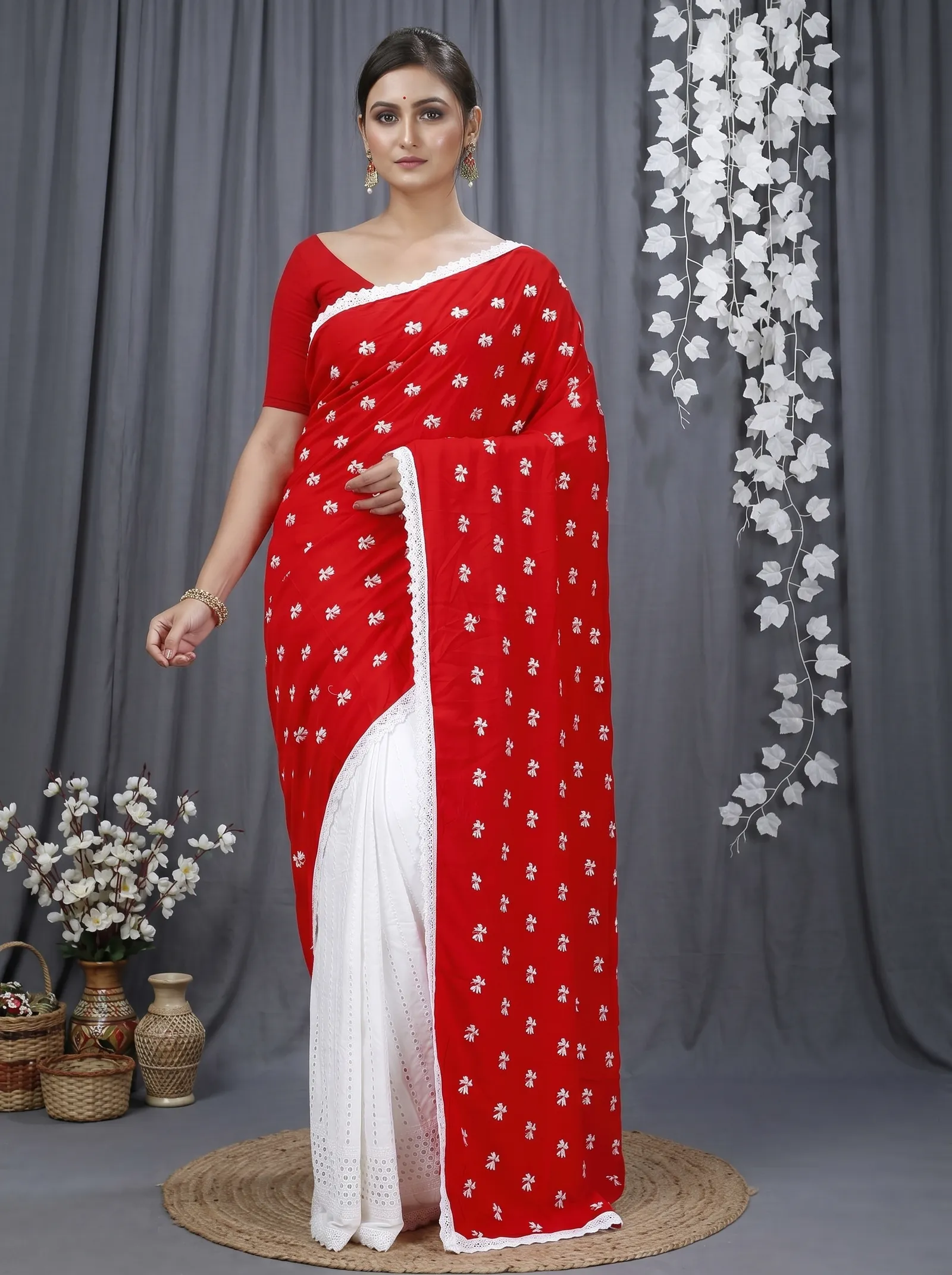 DipDiya Pure Cotton  Traditional Bengali Red White Artisan Crafted LalPori Handloom Saree