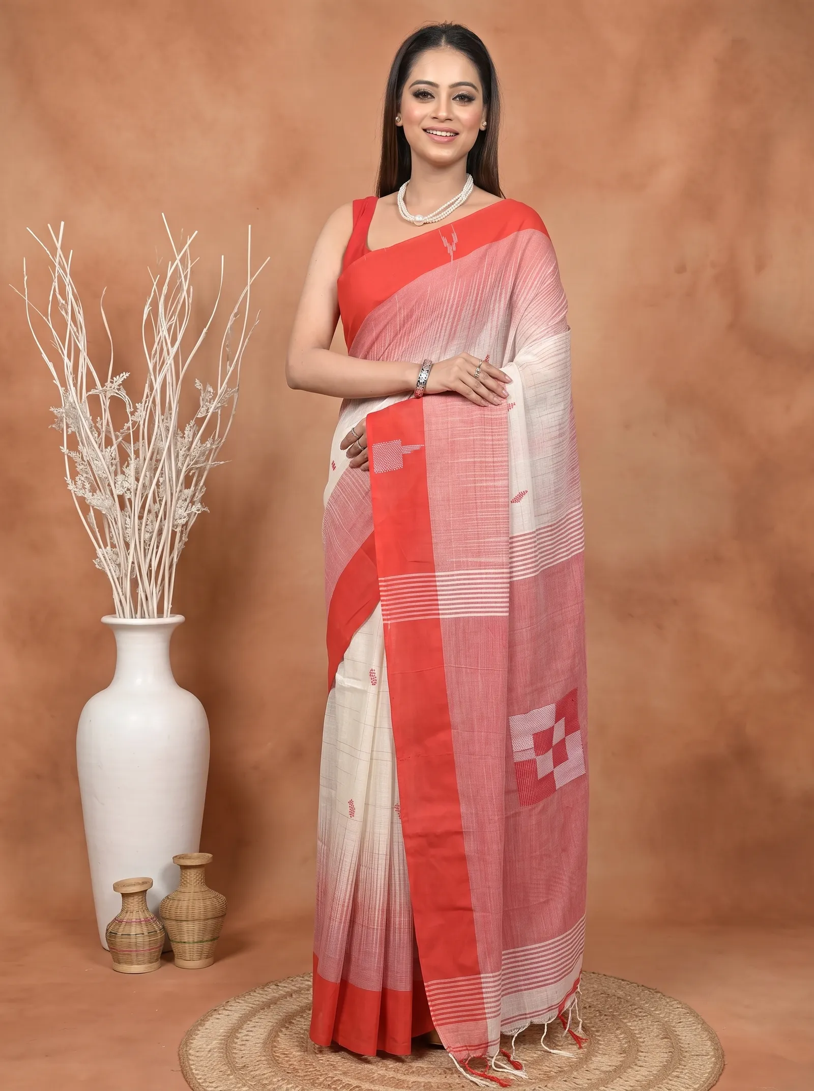 DipDiya Pure Cotton  Traditional Bengali Red White Artisan Crafted Soumon Kotki Saree