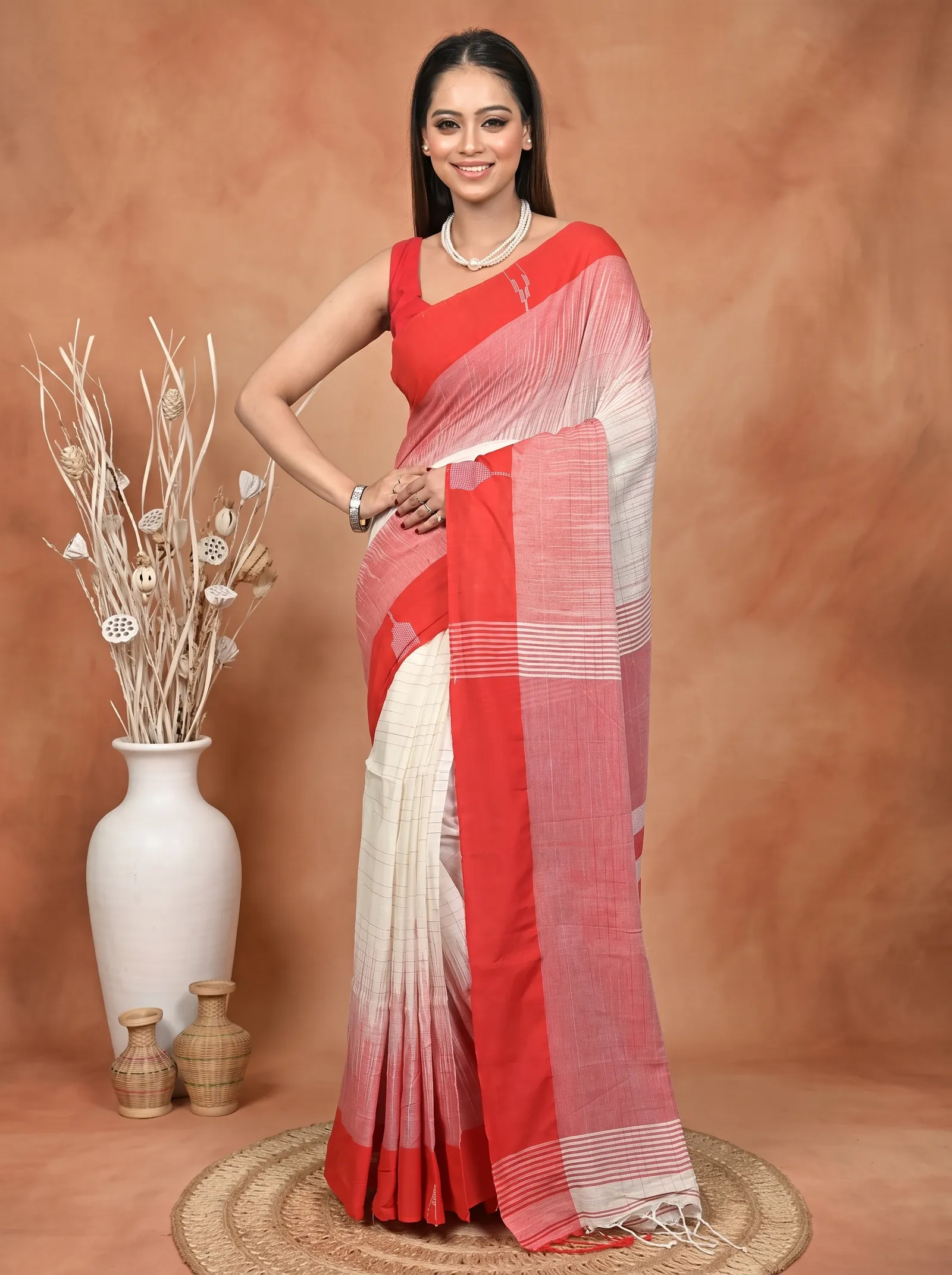 DipDiya Pure Cotton  Traditional Bengali Red White Artisan Crafted Soumon Kotki Saree