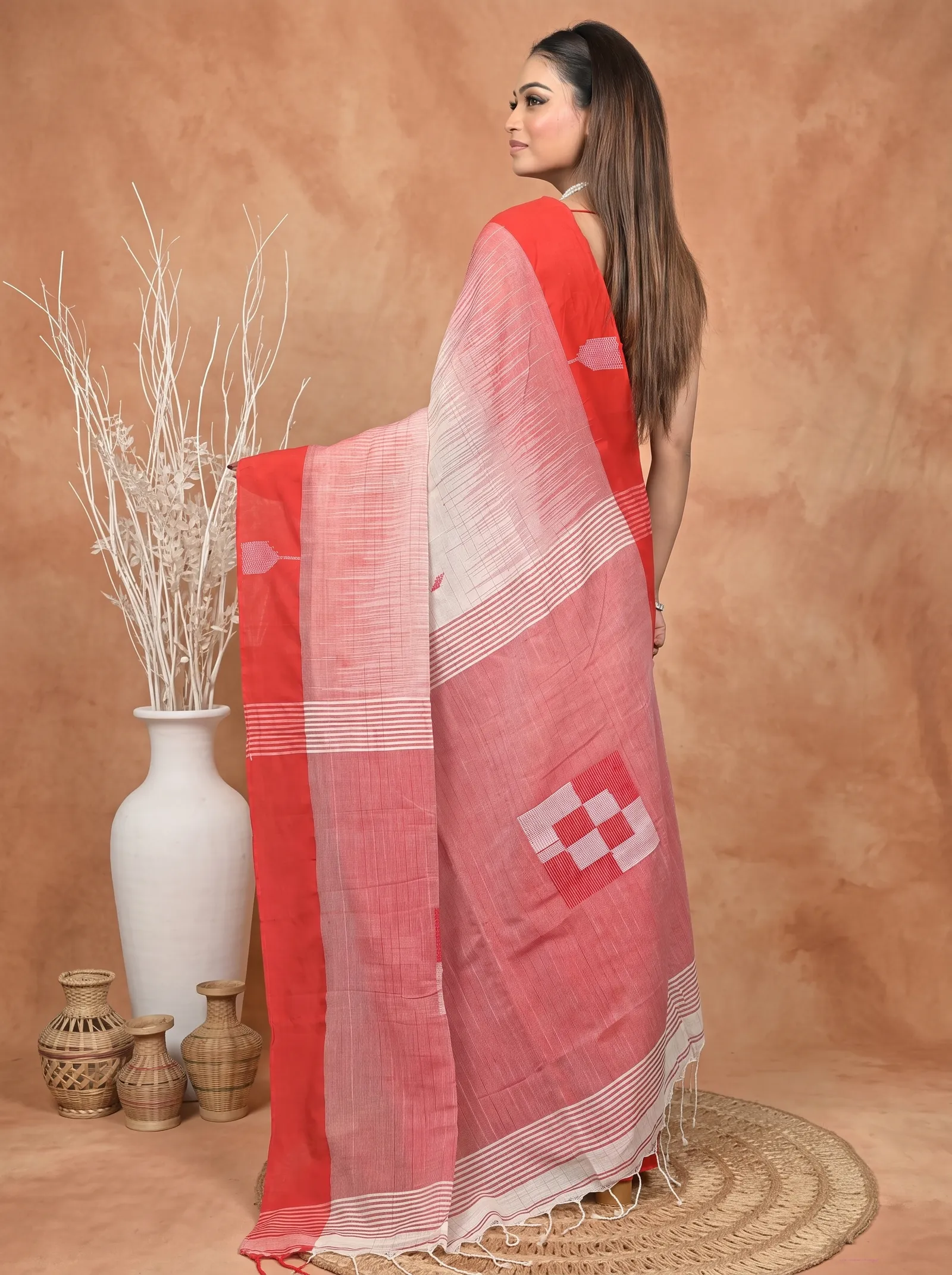DipDiya Pure Cotton  Traditional Bengali Red White Artisan Crafted Soumon Kotki Saree