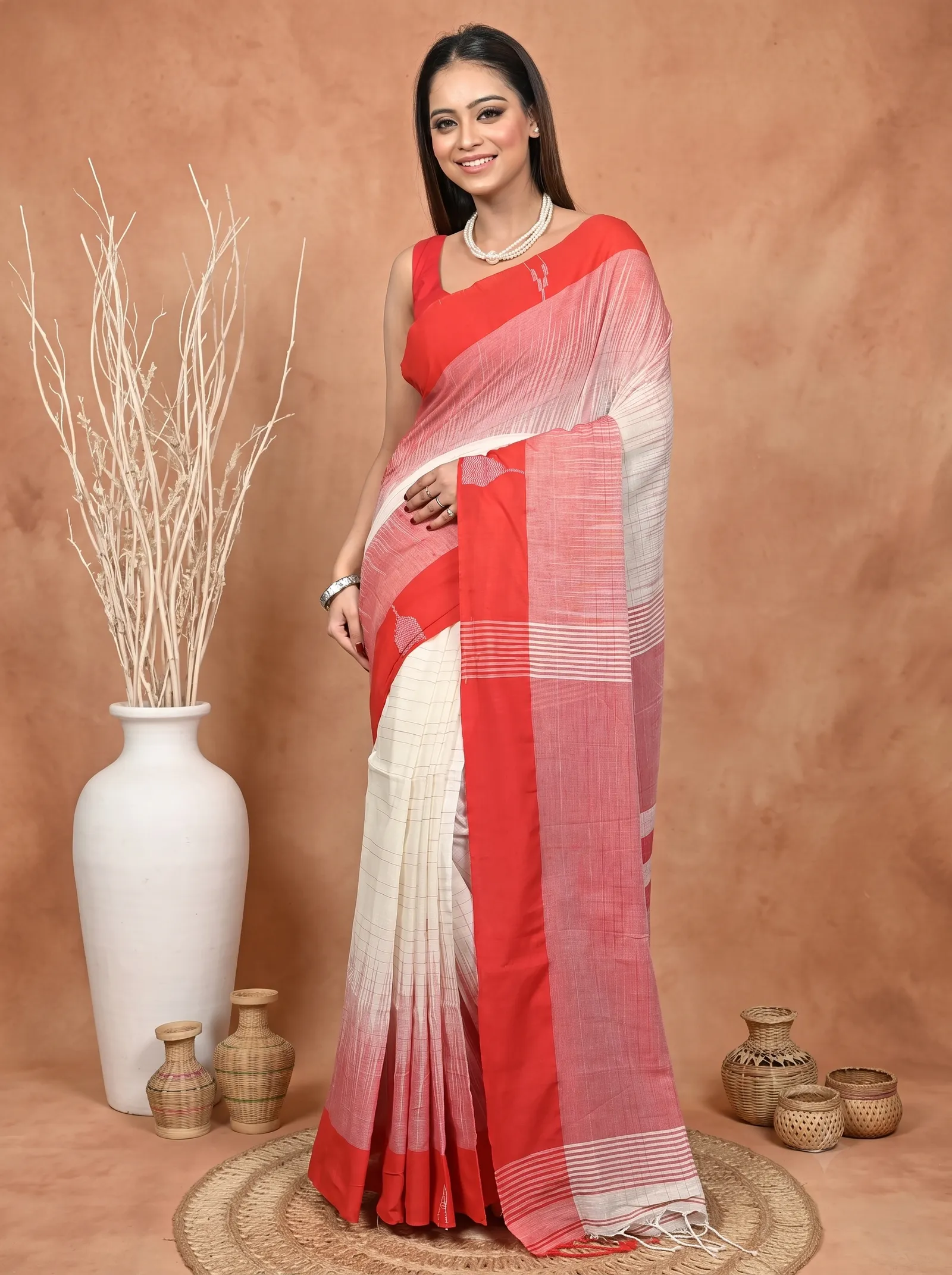 DipDiya Pure Cotton  Traditional Bengali Red White Artisan Crafted Soumon Kotki Saree