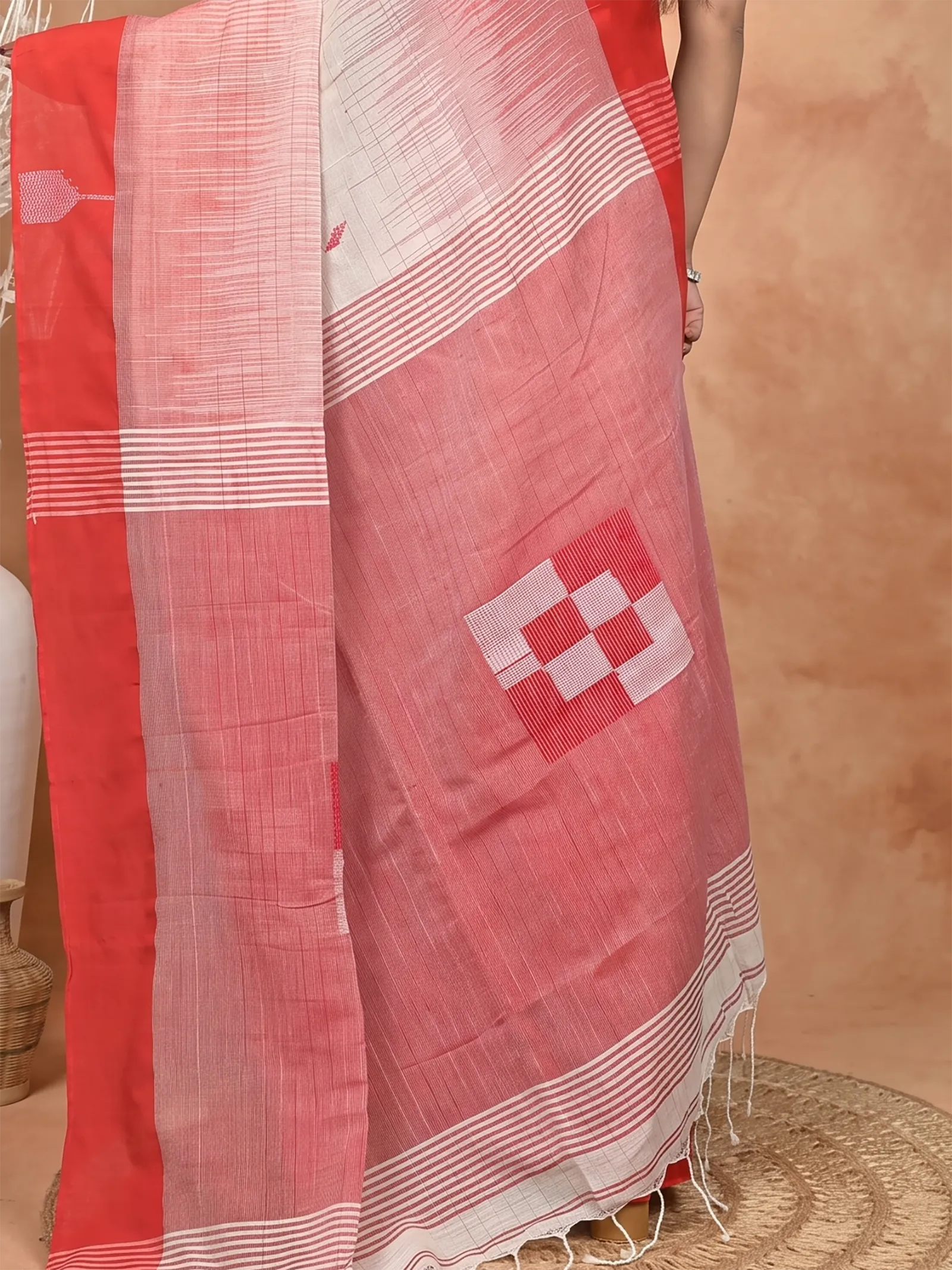 DipDiya Pure Cotton  Traditional Bengali Red White Artisan Crafted Soumon Kotki Saree