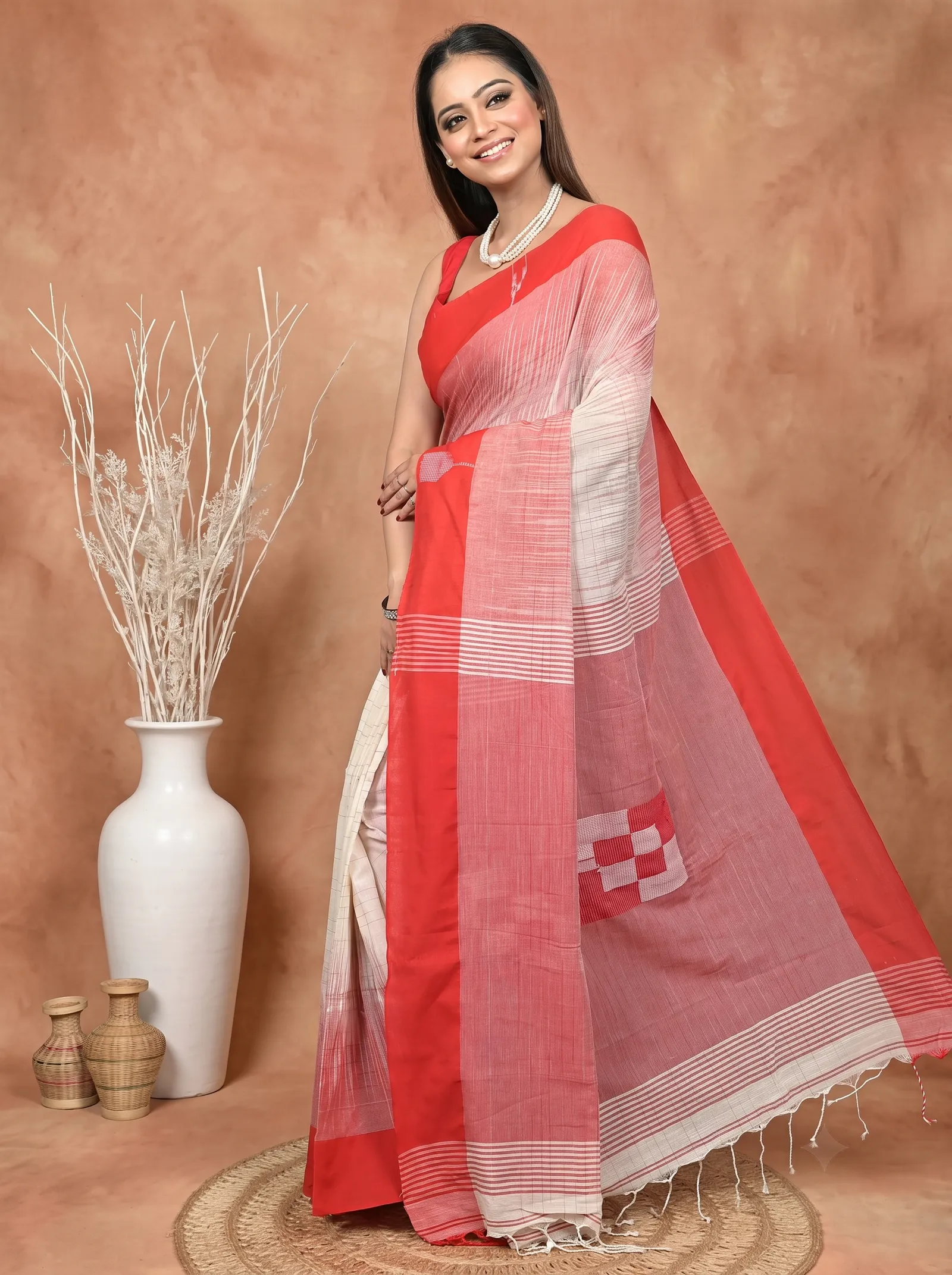 DipDiya Pure Cotton  Traditional Bengali Red White Artisan Crafted Soumon Kotki Saree