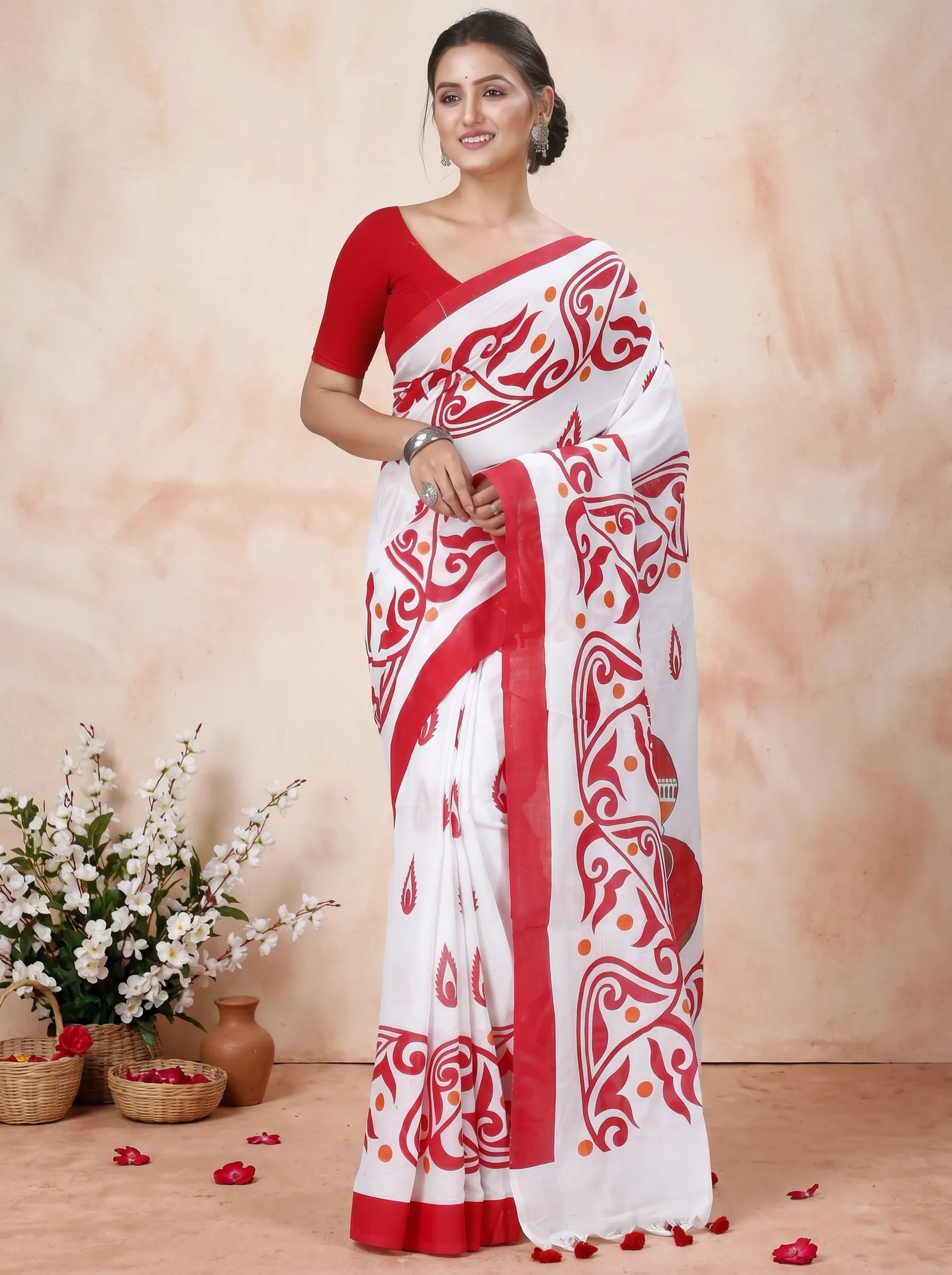 DipDiya Pure Cotton  Traditional Bengali Red White Artisan Crafted Teba Printed Handloom Saree