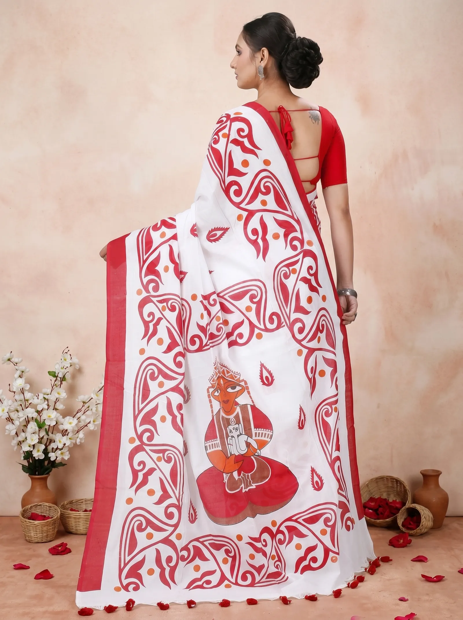 DipDiya Pure Cotton  Traditional Bengali Red White Artisan Crafted Teba Printed Handloom Saree
