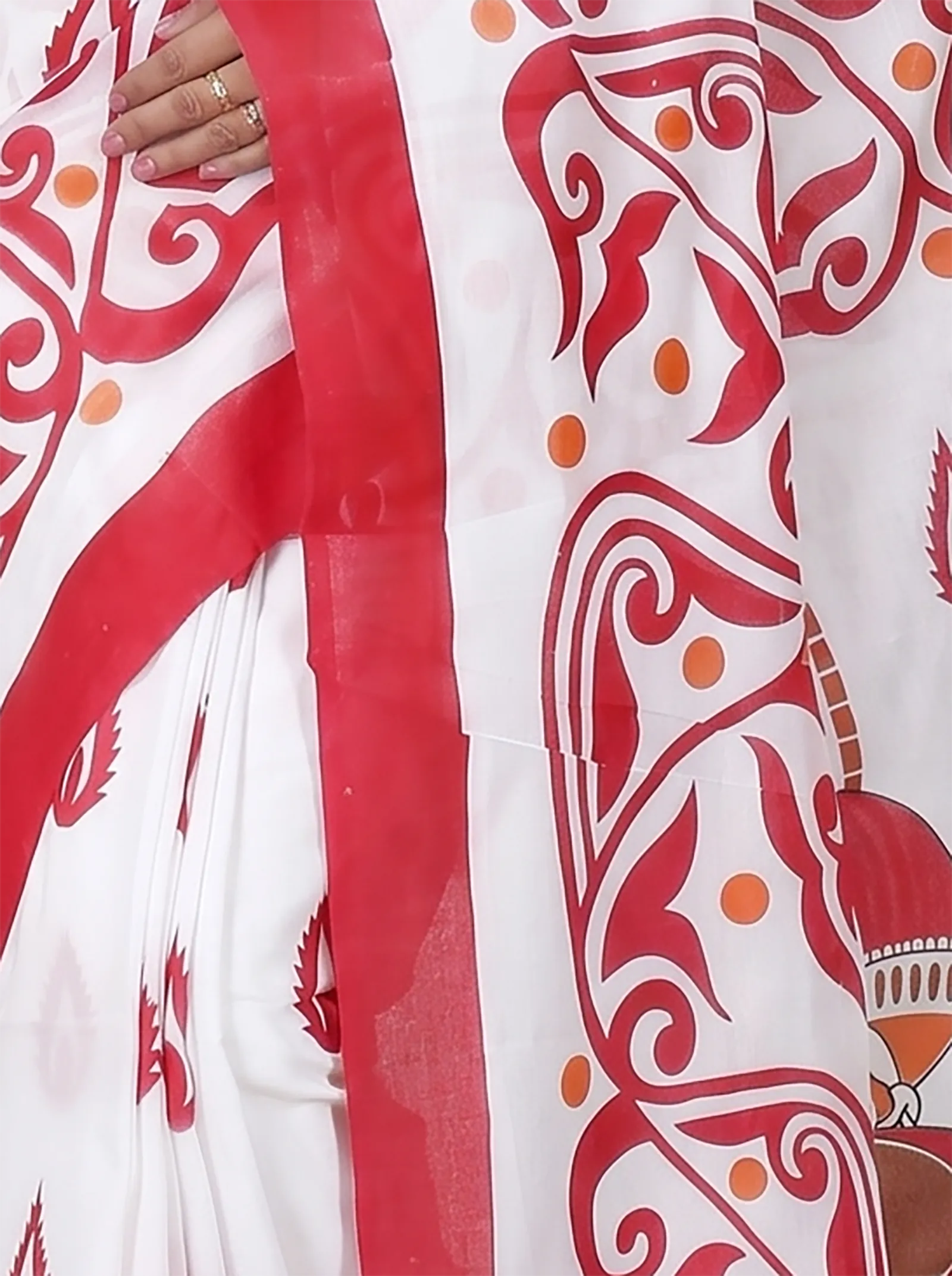 DipDiya Pure Cotton  Traditional Bengali Red White Artisan Crafted Teba Printed Handloom Saree