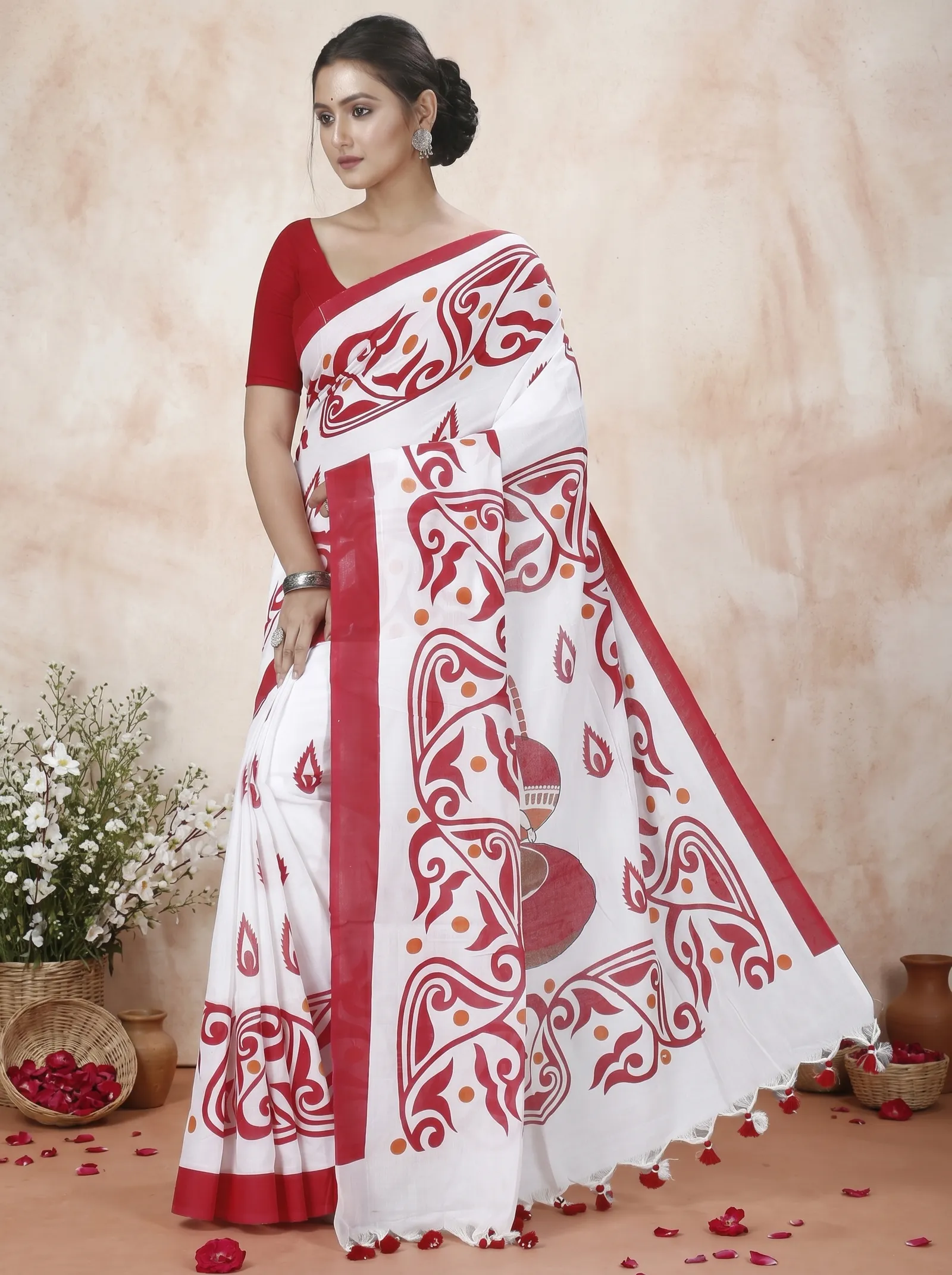 DipDiya Pure Cotton  Traditional Bengali Red White Artisan Crafted Teba Printed Handloom Saree