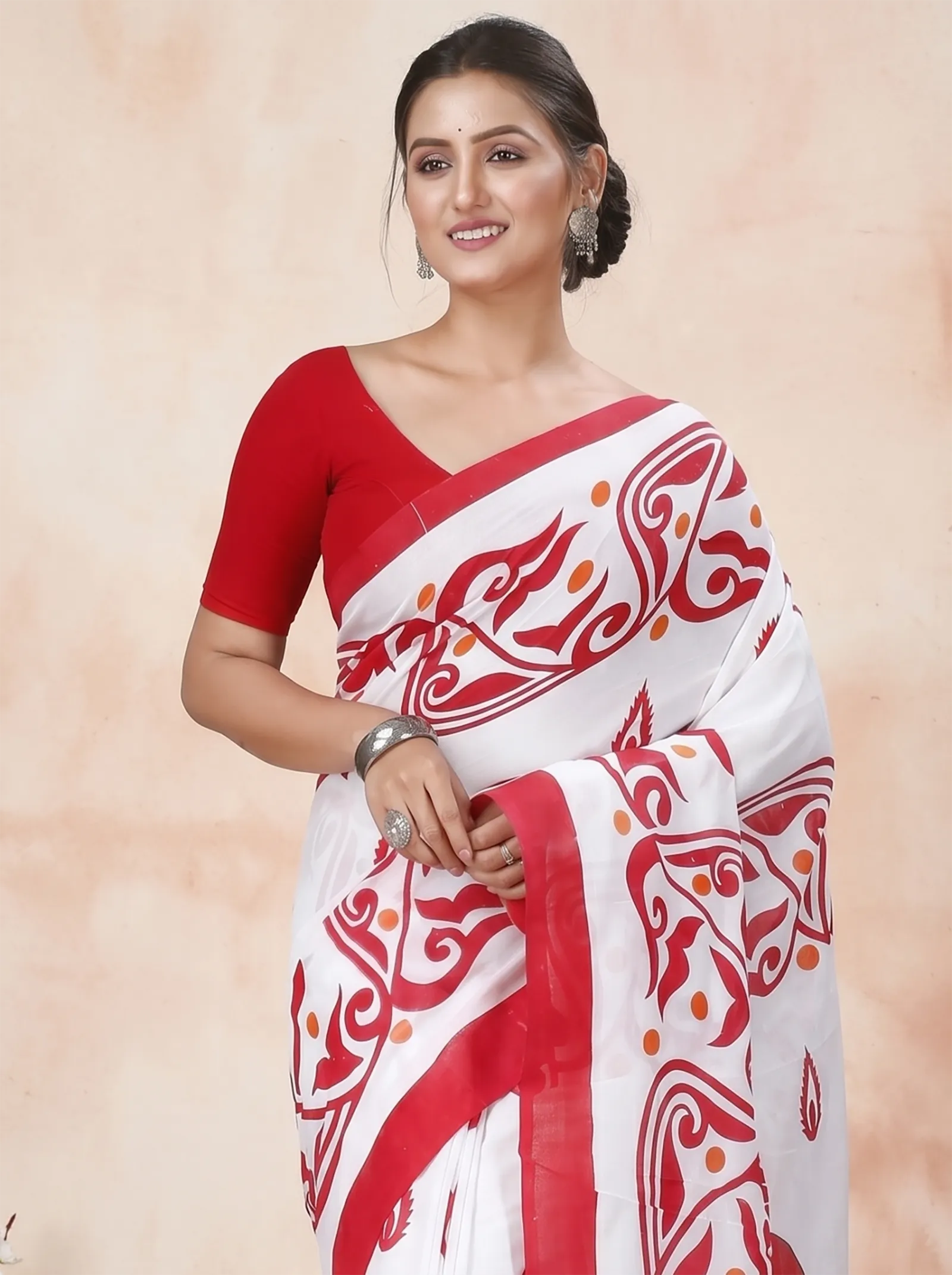DipDiya Pure Cotton  Traditional Bengali Red White Artisan Crafted Teba Printed Handloom Saree