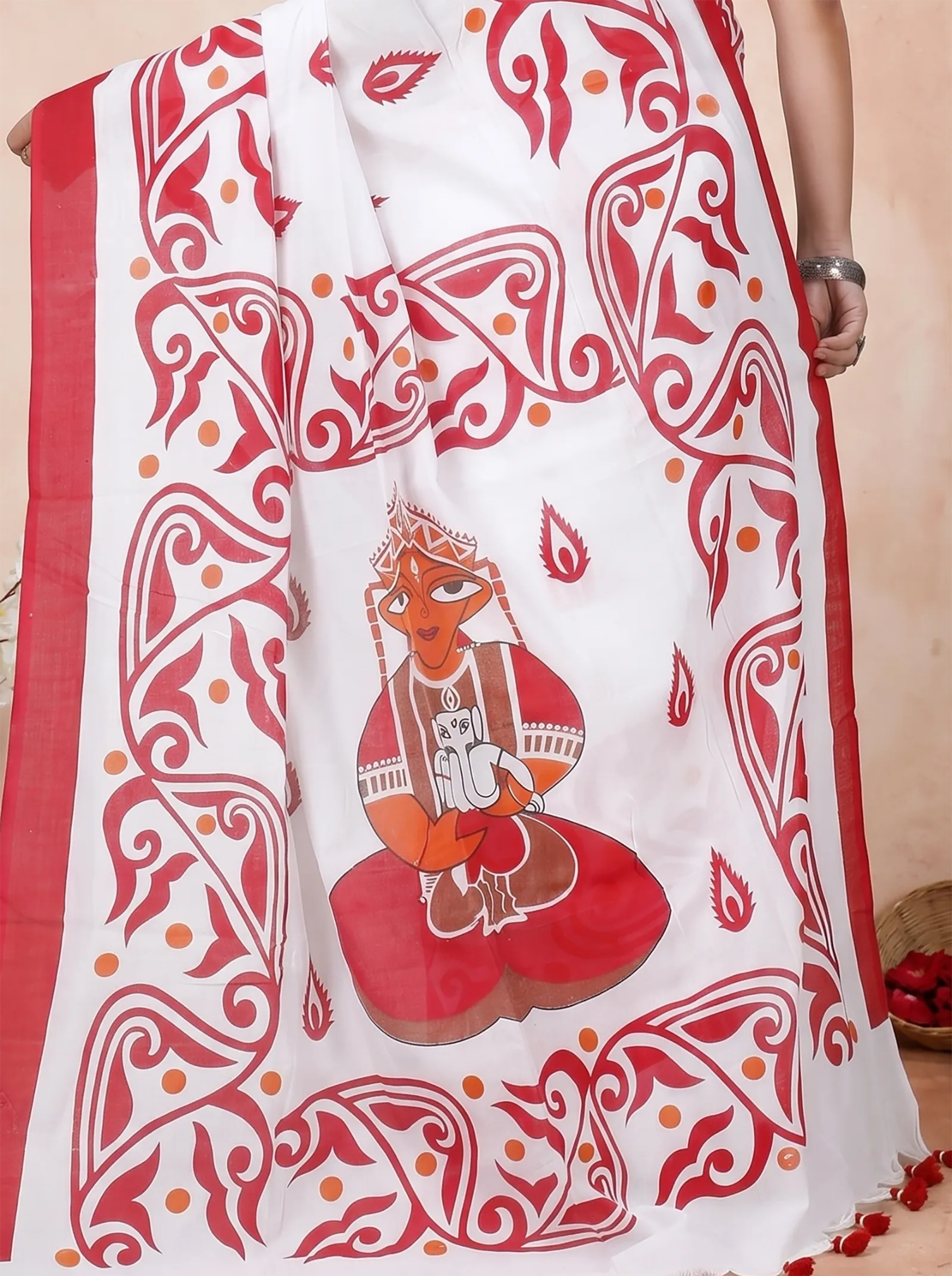 DipDiya Pure Cotton  Traditional Bengali Red White Artisan Crafted Teba Printed Handloom Saree