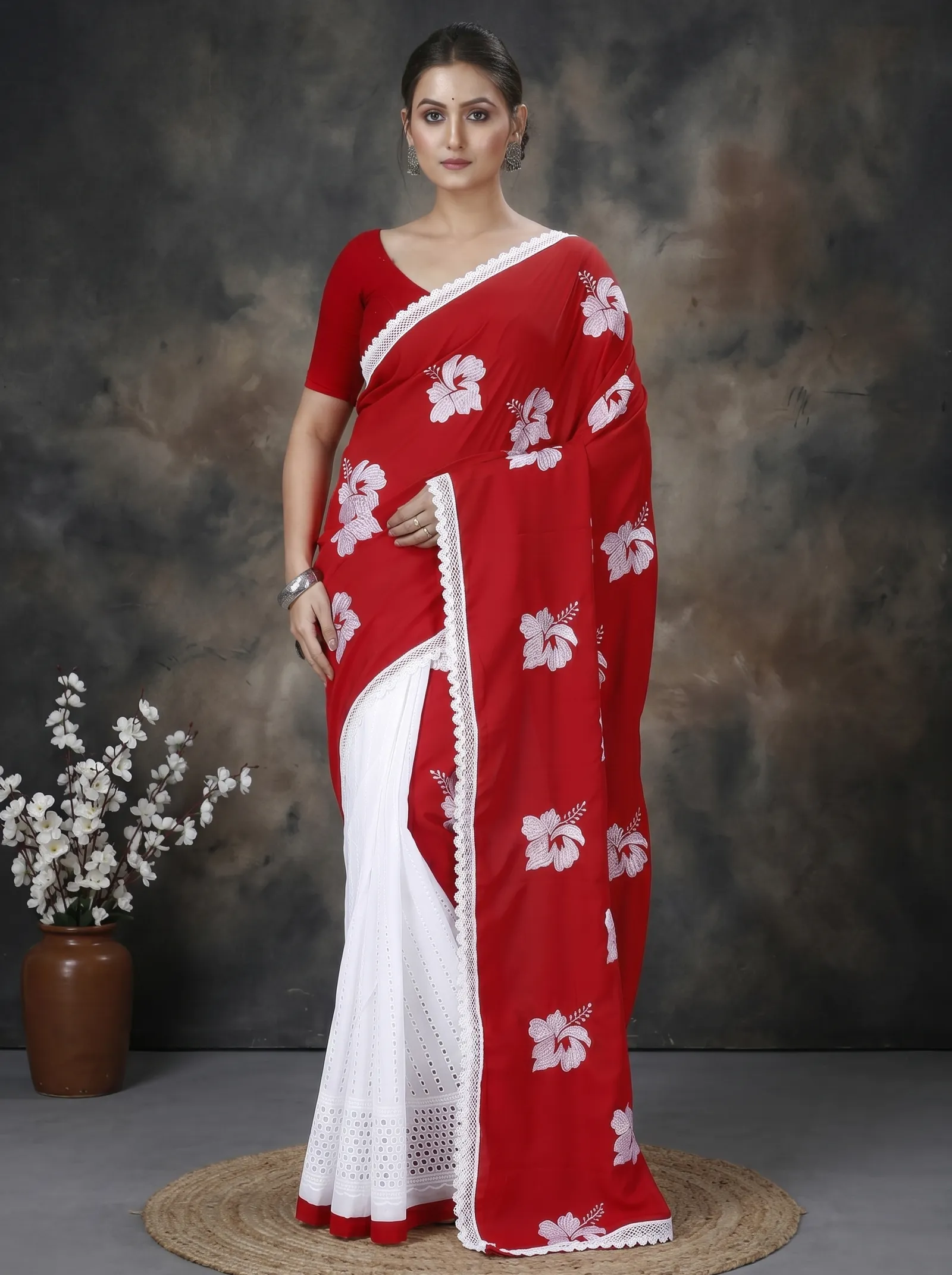 DipDiya Pure Cotton  Traditional Bengali Red White Artisan Crafted Teru Handloom Saree