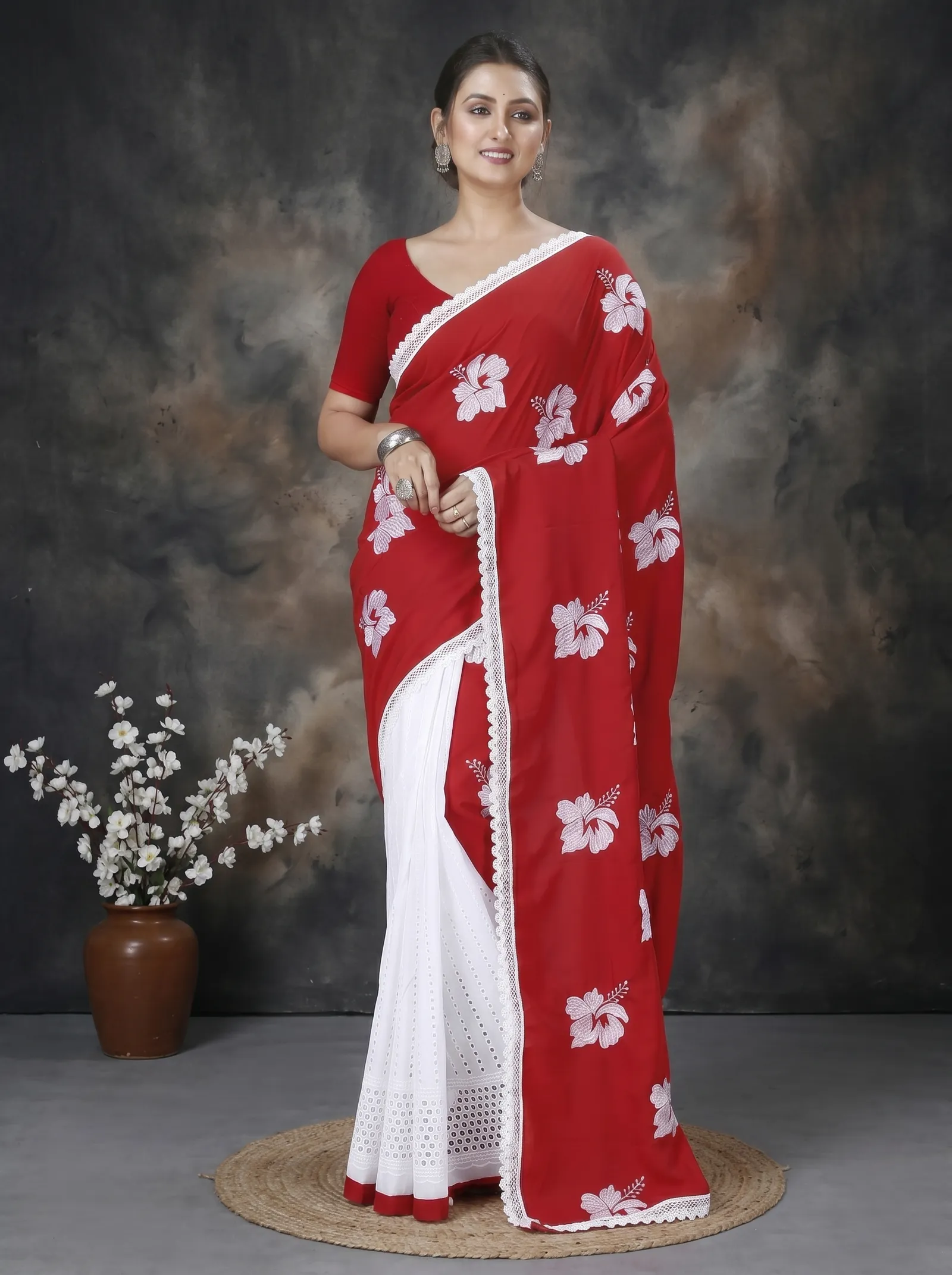 DipDiya Pure Cotton  Traditional Bengali Red White Artisan Crafted Teru Handloom Saree