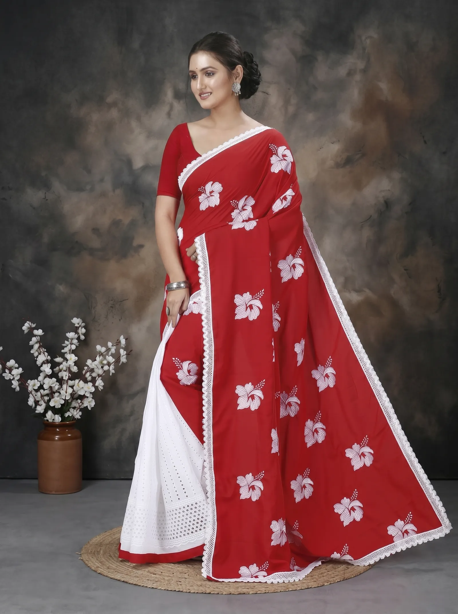 DipDiya Pure Cotton  Traditional Bengali Red White Artisan Crafted Teru Handloom Saree