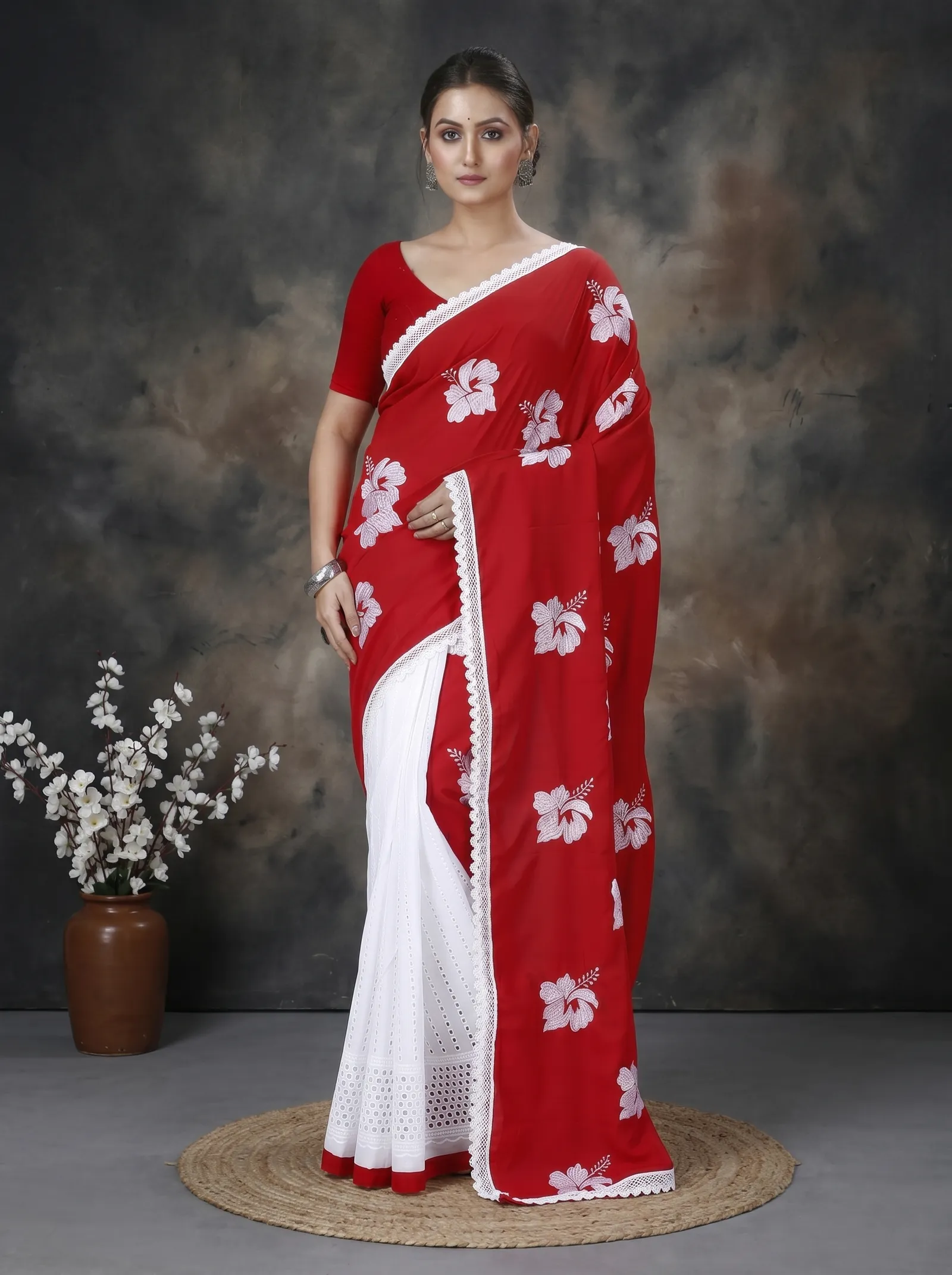 DipDiya Pure Cotton  Traditional Bengali Red White Artisan Crafted Teru Handloom Saree