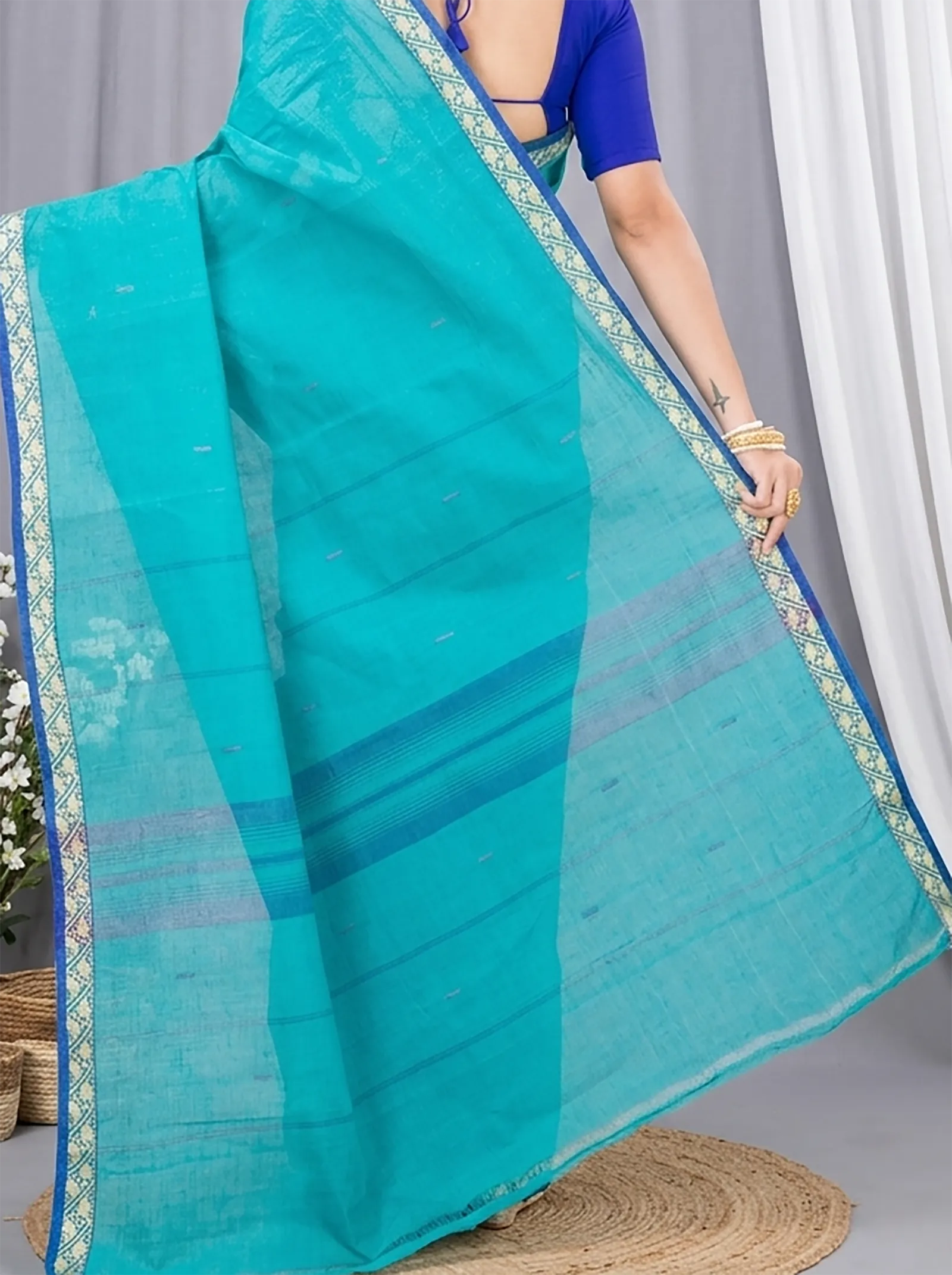 DipDiya Pure Cotton  Traditional Bengali See Blue Artisan Crafted Gaela Tant Saree