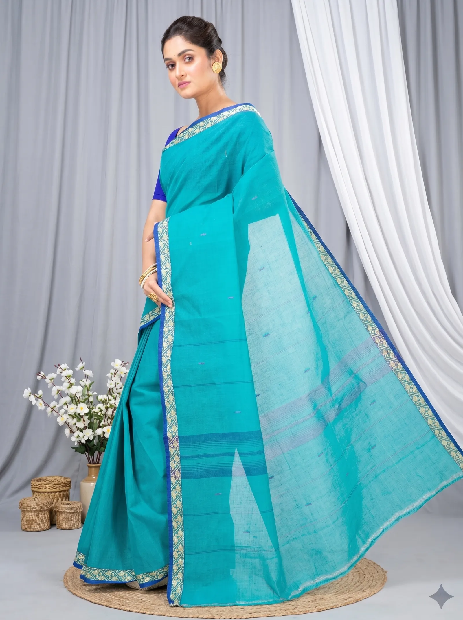 DipDiya Pure Cotton  Traditional Bengali See Blue Artisan Crafted Gaela Tant Saree