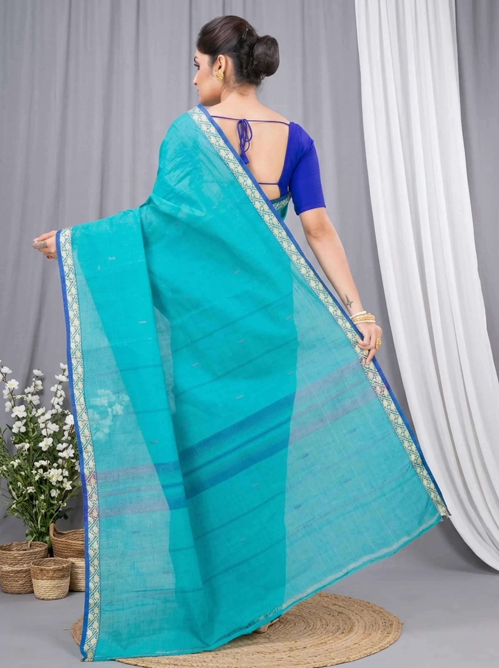 DipDiya Pure Cotton  Traditional Bengali See Blue Artisan Crafted Gaela Tant Saree