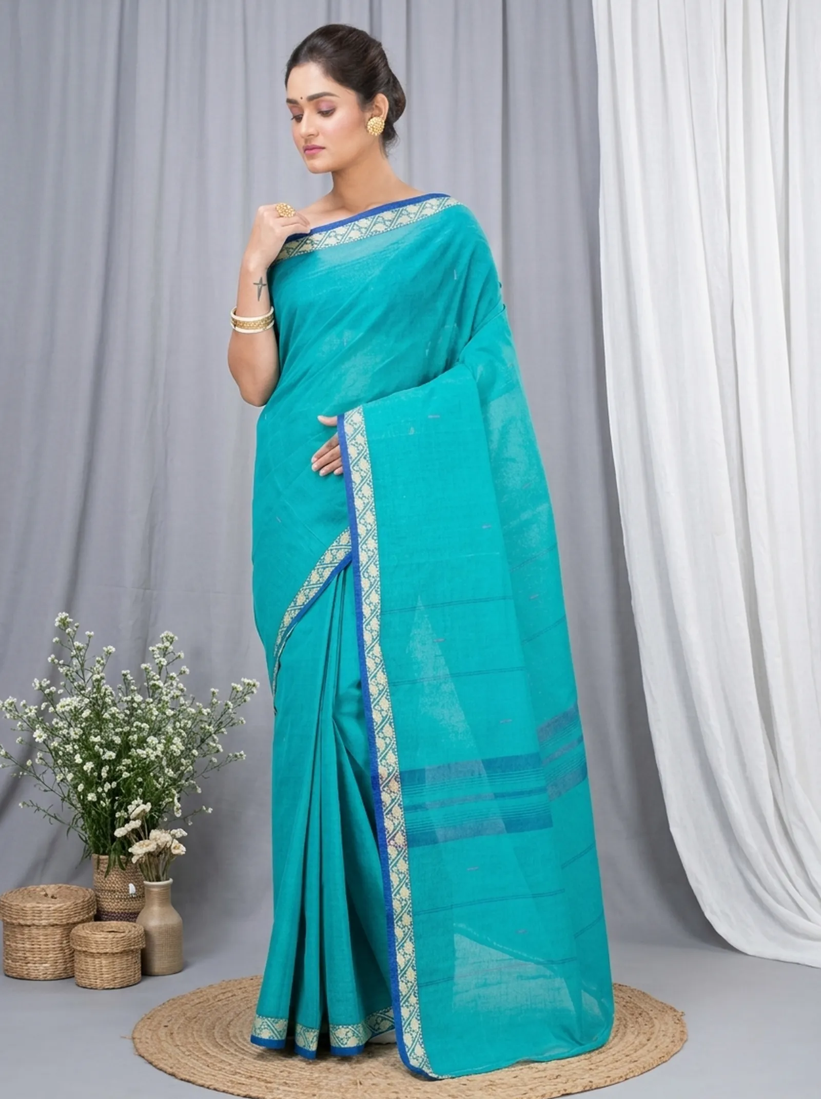 DipDiya Pure Cotton  Traditional Bengali See Blue Artisan Crafted Gaela Tant Saree