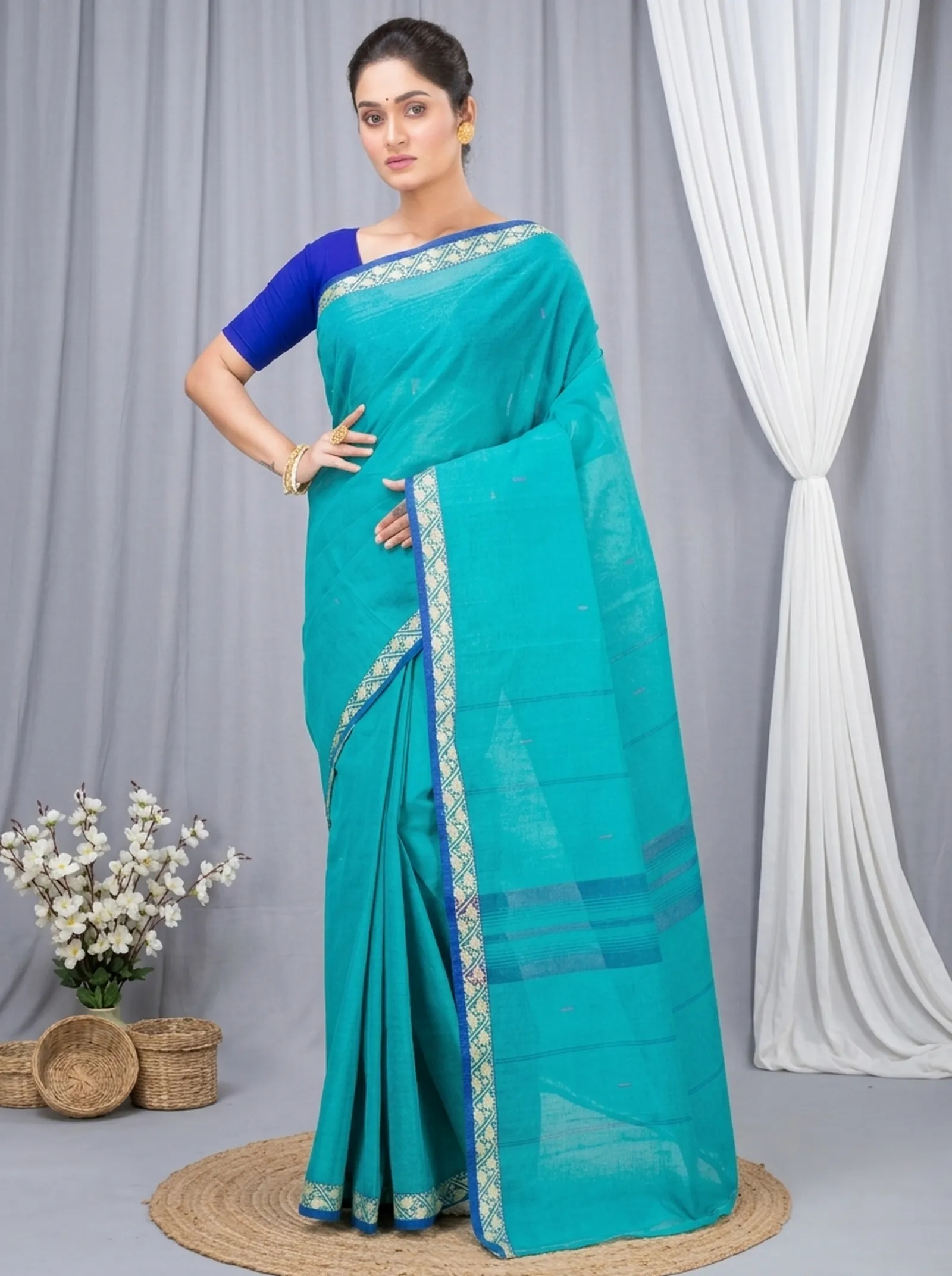 DipDiya Pure Cotton  Traditional Bengali See Blue Artisan Crafted Gaela Tant Saree