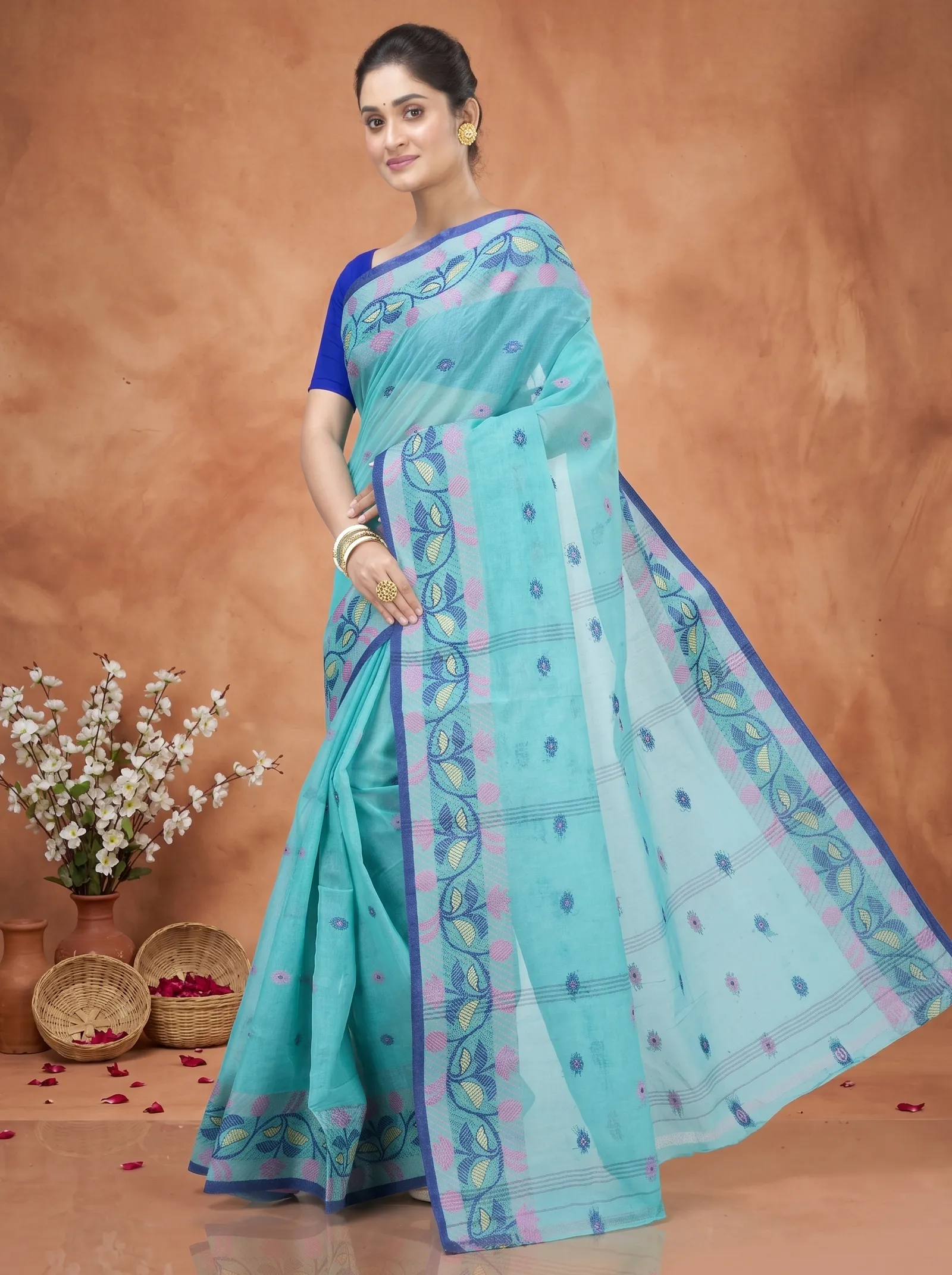 DipDiya Pure Cotton  Traditional Bengali See Green Artisan Crafted Govindi Tant Saree