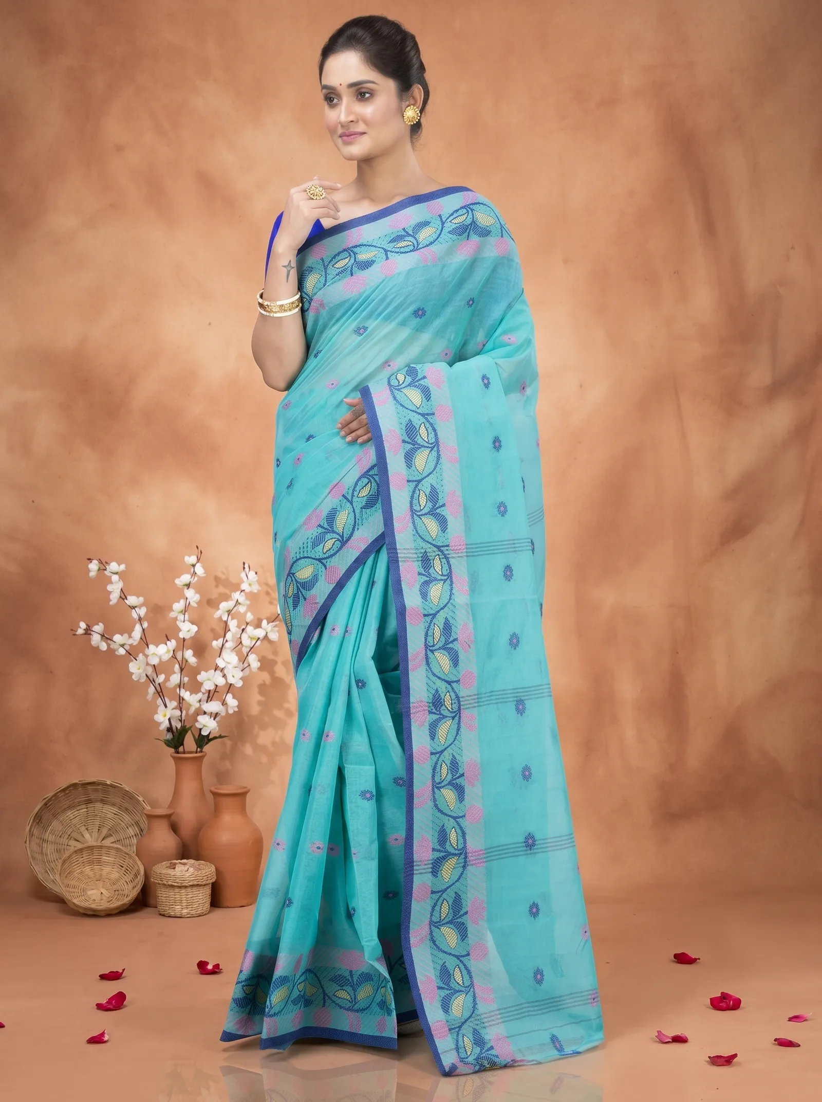 DipDiya Pure Cotton  Traditional Bengali See Green Artisan Crafted Govindi Tant Saree