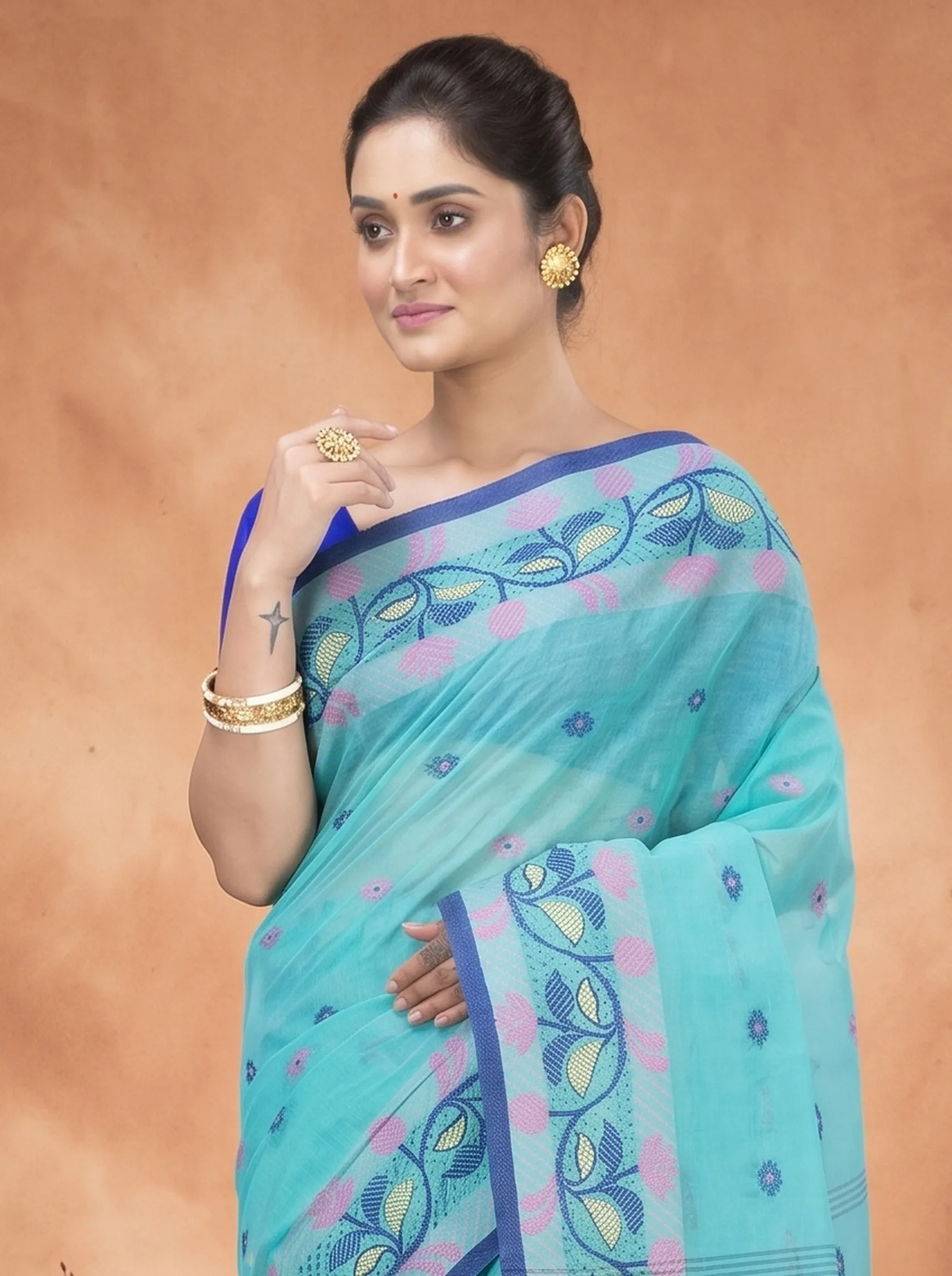 DipDiya Pure Cotton  Traditional Bengali See Green Artisan Crafted Govindi Tant Saree