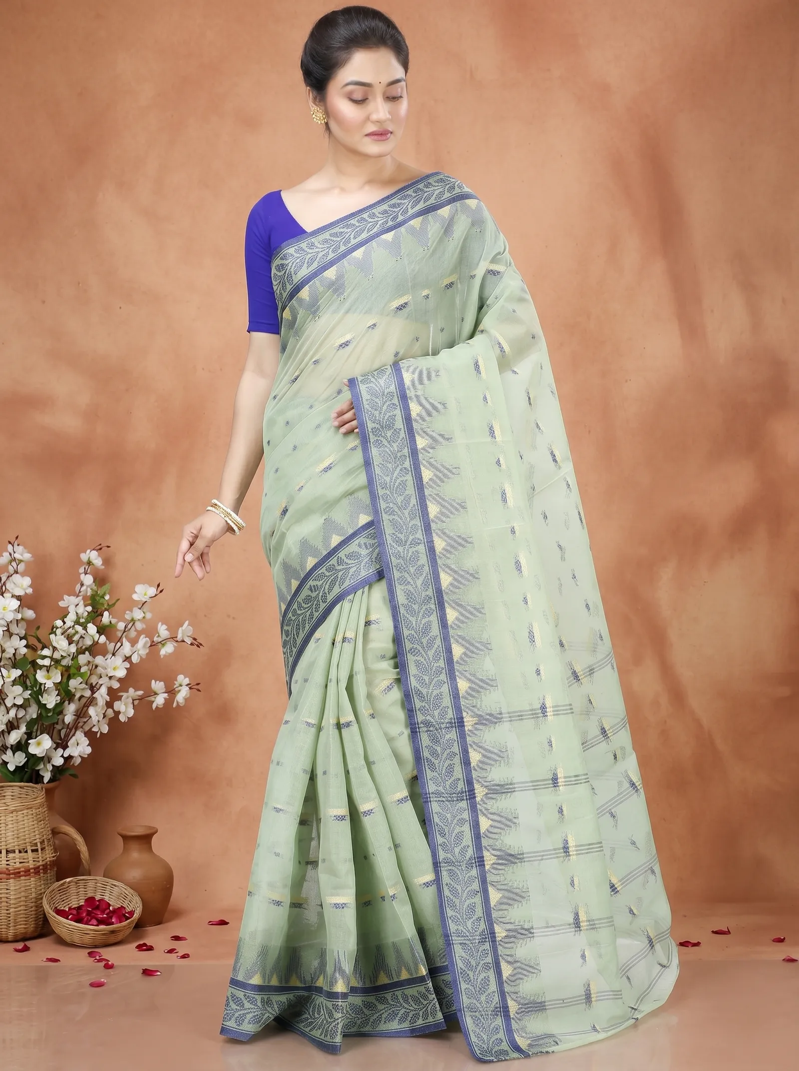 DipDiya Pure Cotton  Traditional Bengali See Green Artisan Crafted Gunjan Tant Saree