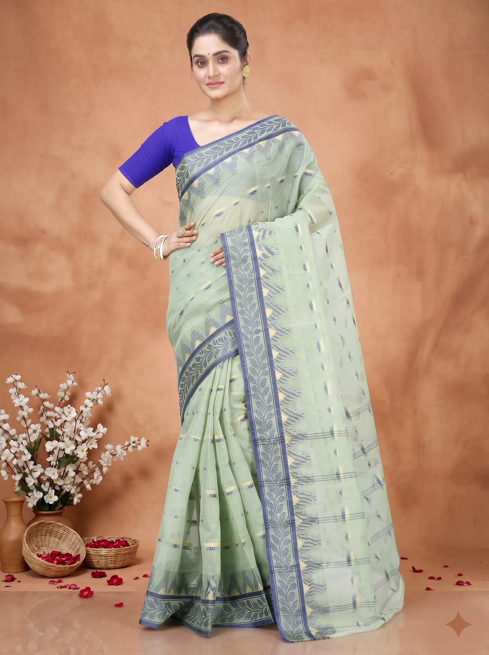 DipDiya Pure Cotton  Traditional Bengali See Green Artisan Crafted Gunjan Tant Saree